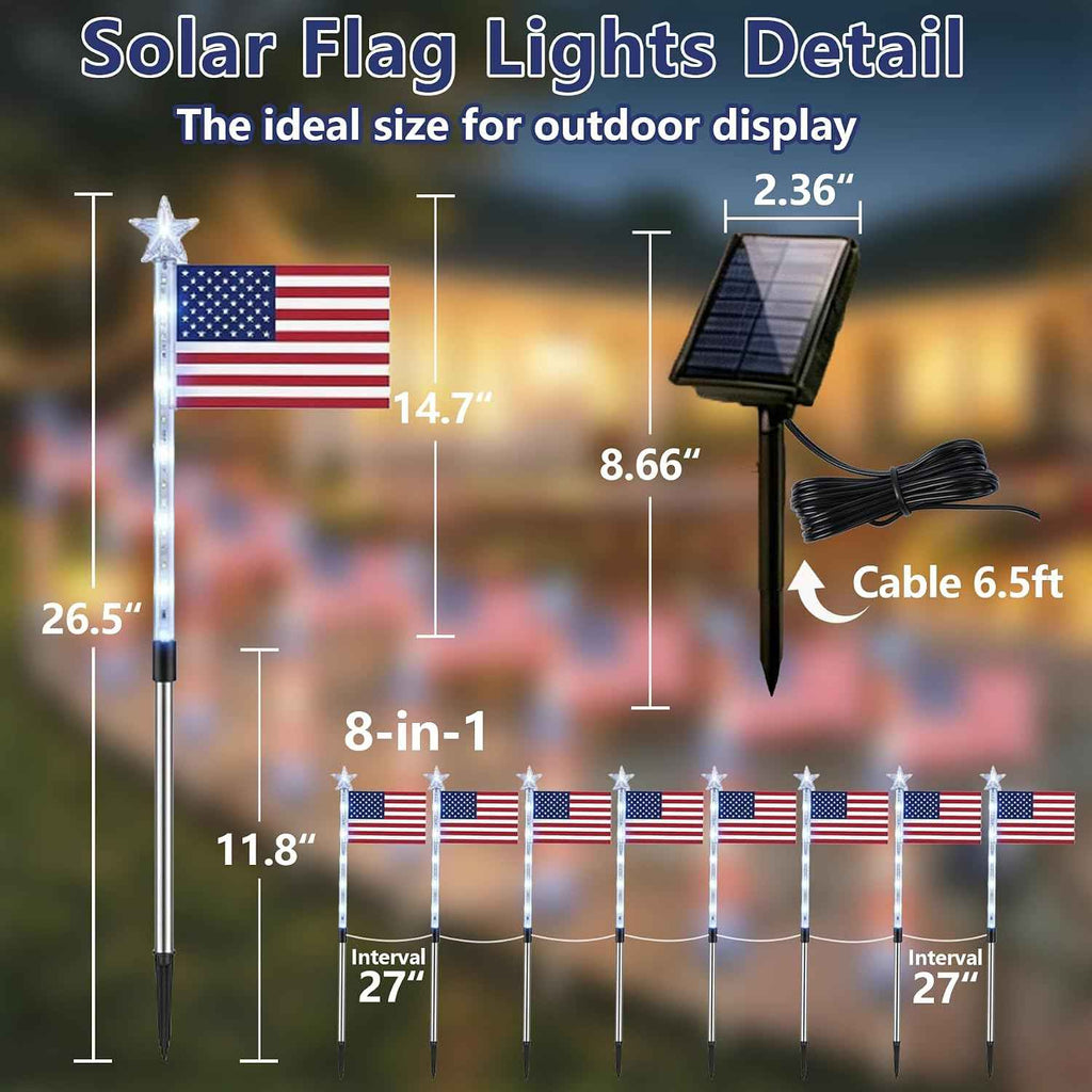 8 Pack Solar American Flag Pathway Lights - Patriotic Red White Blue Outdoor Stake Waterproof LED Lights with 8 Modes, Decorations 4th of July Memorial Day & Independence Day Yard Garden (Style A)