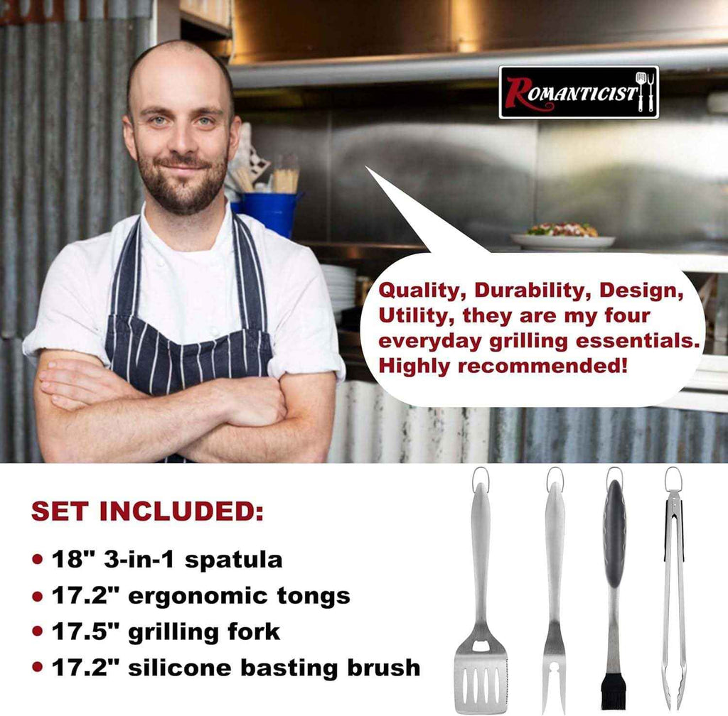 ROMANTICIST 4pcs Heavy Duty Grill Accessories for Top Chef - Professional Grill Tool Set & Basic BBQ Tools for Backyard Restaurant Outdoor Kitchen - Deluxe Grill Gift for Dad on Father’s Day Christmas