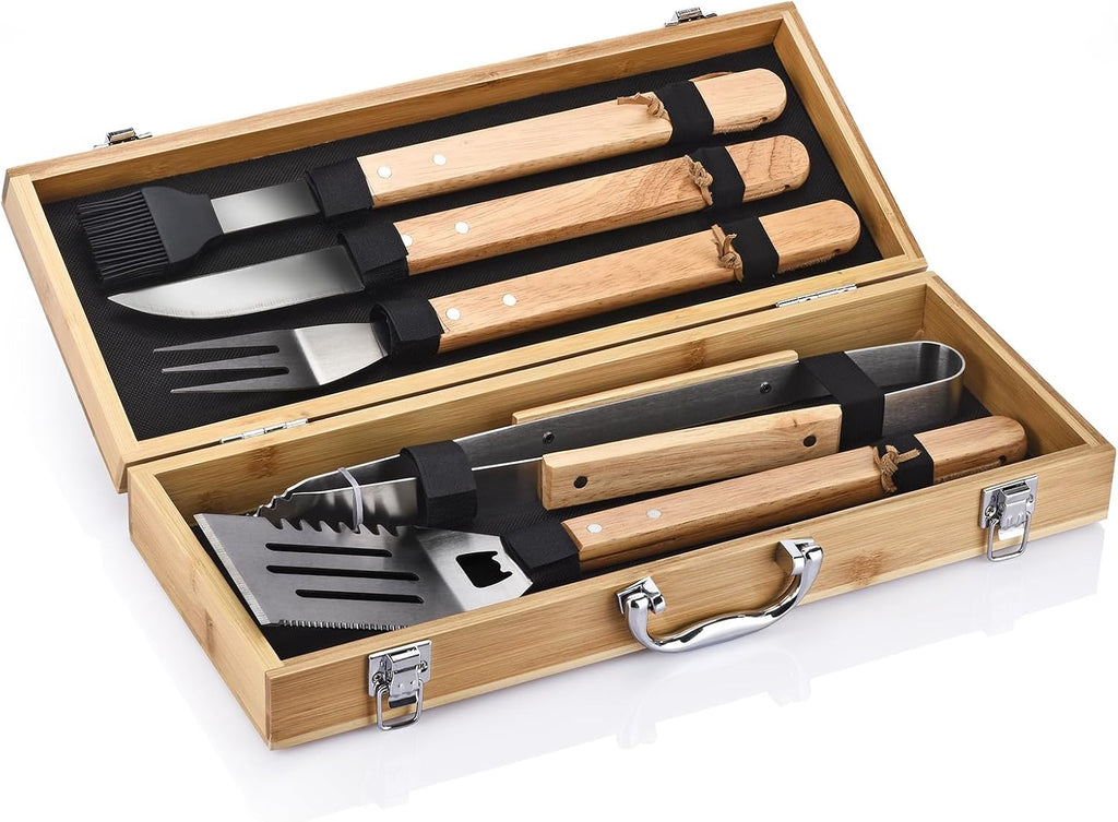 5-Piece BBQ Tools Set with Bamboo Case, Wooden Handle Stainless Steel Grill Accessories for Outdoor Cooking,Camping and Barbecue