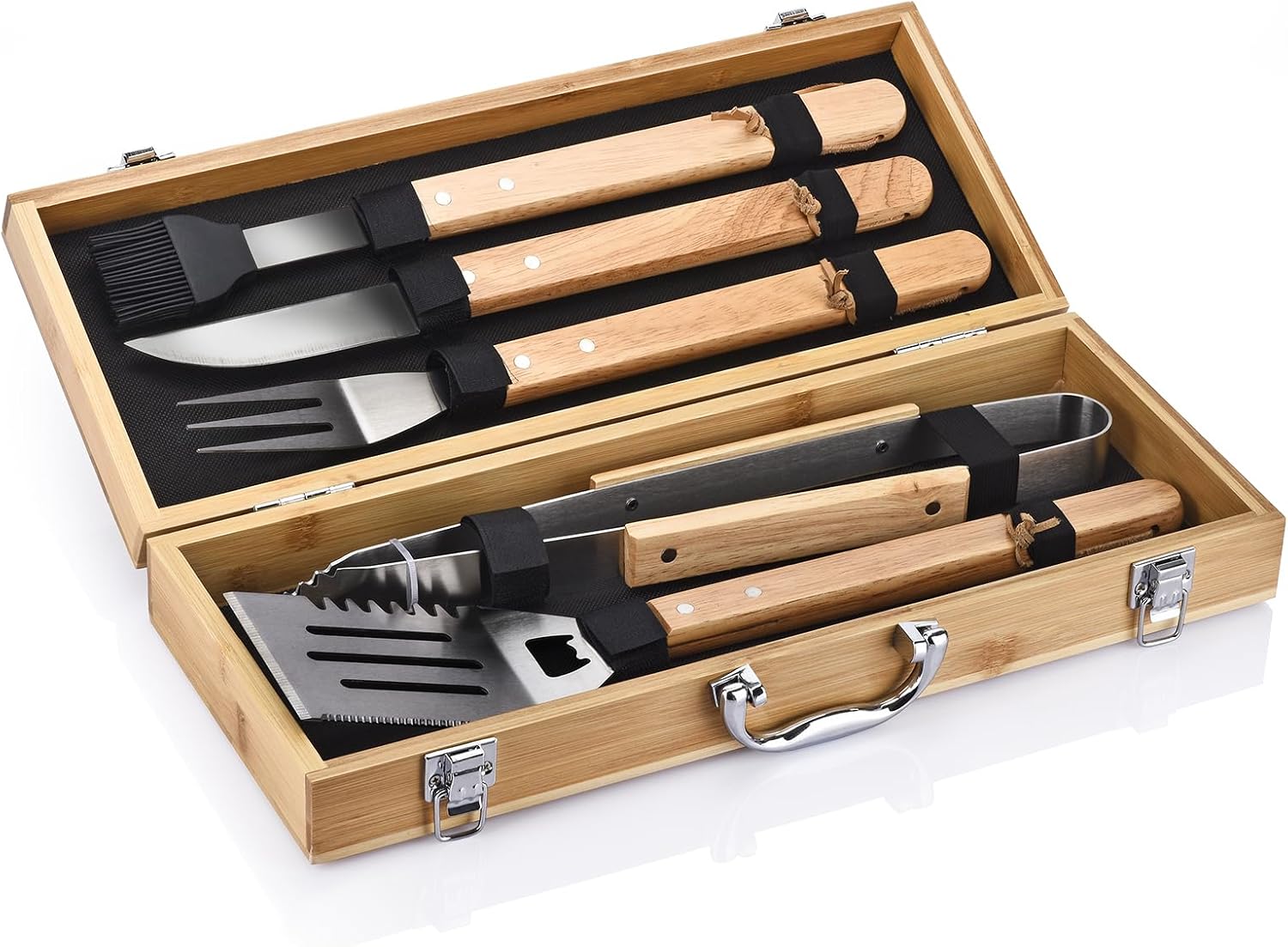 5-Piece BBQ Tools Set with Bamboo Case, Wooden Handle Stainless Steel Grill Accessories for Outdoor Cooking,Camping and Barbecue