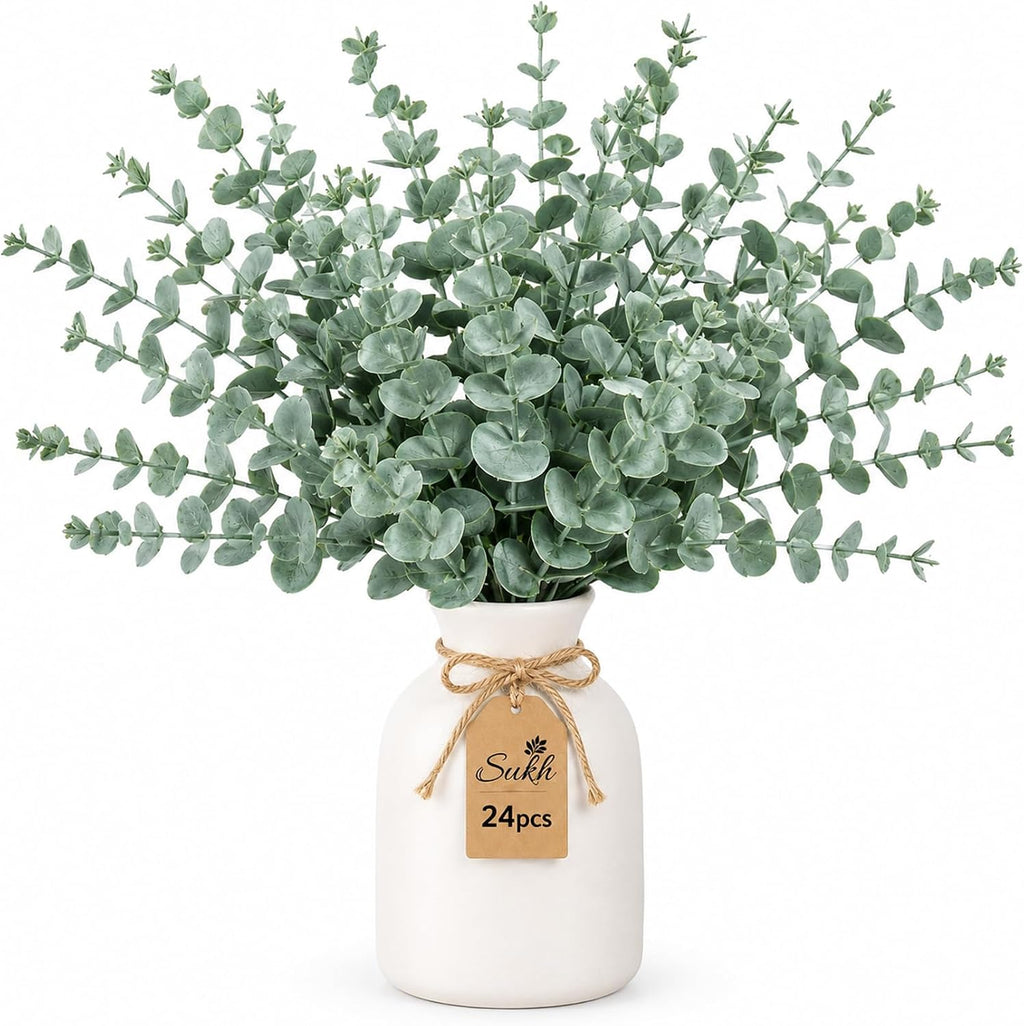 Sukh 24pcs Artificial Eucalyptus Stems - Faux Eucalyptus Branches Decor | Realistic Fake Greenery Plant, Flower Bouquet for Vase Filler, Wedding Centerpiece, Christmas, Home Indoor Outdoor Decoration