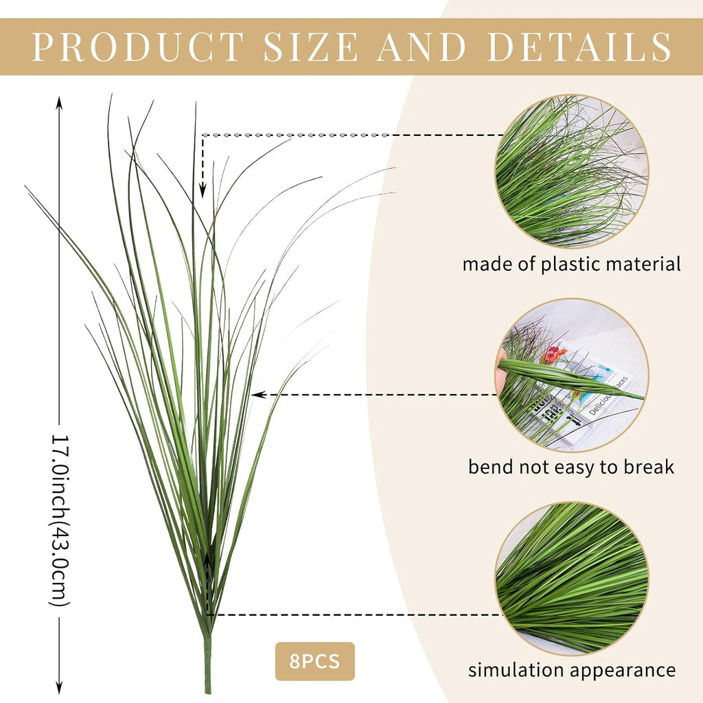 8 Bundles Artificial Plants Onion Grass Outdoor 17 Inch Tall Fake Shrubs Wheat Grass UV Resistant Greenery Stems Faux Bushes Plant for Indoor Outdoor Garden Office Home Decor（Green Red Tail）