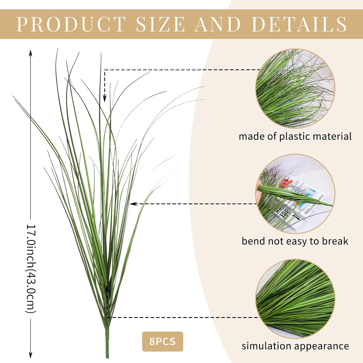 8 Bundles Artificial Plants Onion Grass Outdoor 17 Inch Tall Fake Shrubs Wheat Grass UV Resistant Greenery Stems Faux Bushes Plant for Indoor Outdoor Garden Office Home Decor（Green Red Tail）