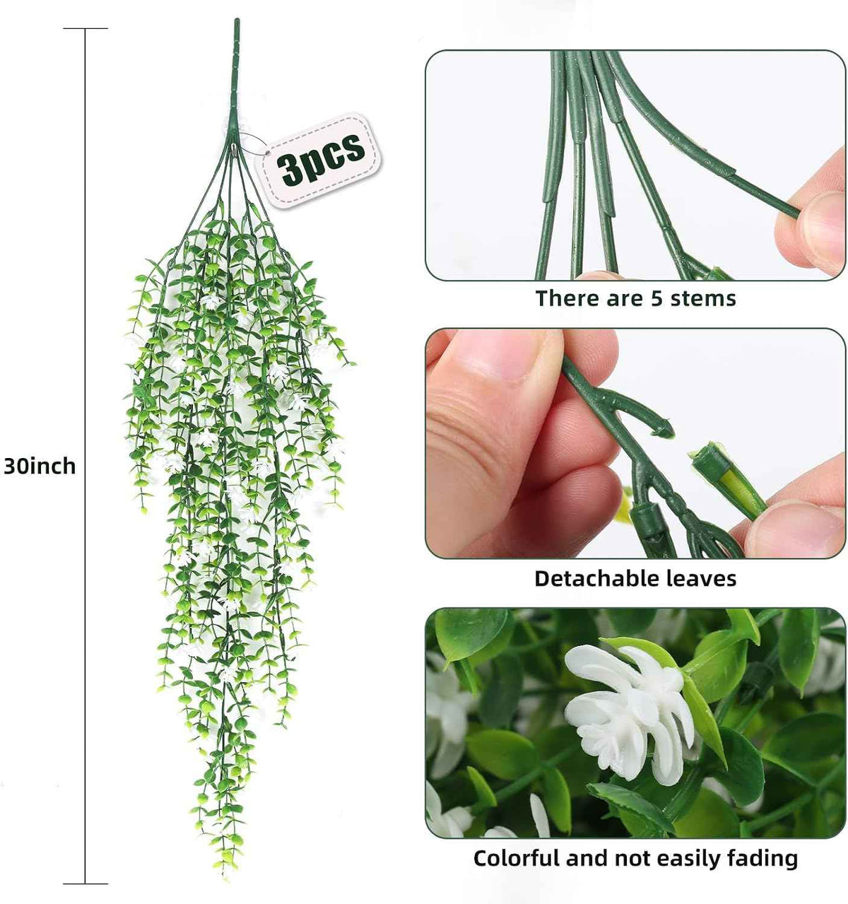 RECUTMS Artificial Hanging Plants Fake Hanging Vines Outdoor Faux Draping | Faux Eucalyptus Leaf Greenery Vine Outdoor UV Resistant Plastic White Flowers Home Garden Wedding Party Indoor Decoration,3Pc