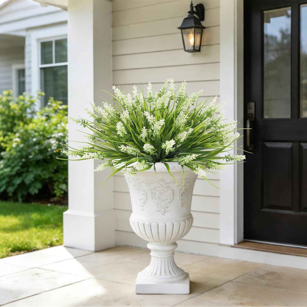 Outdoor Plants Artificial for Porch UV Resistant Faux Outdoor Plants | 10 Bundles Artificial Monkey Grass Fake Lavender Flower Faux Greenery Planter Filler for Patio Garden Porch Decor (White)