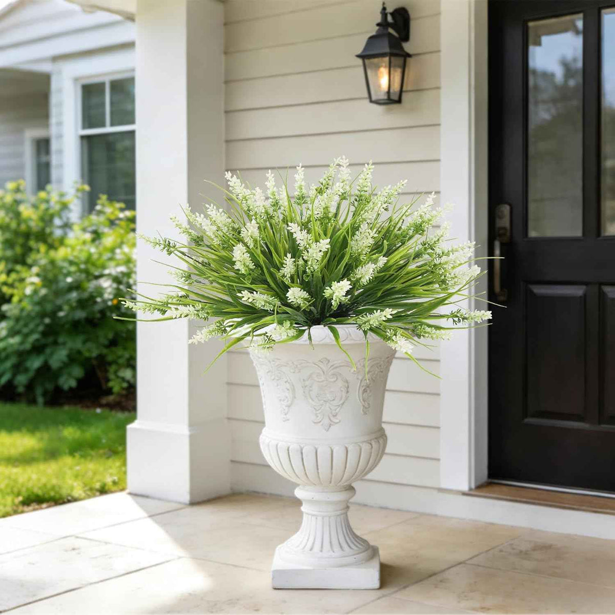 Outdoor Plants Artificial for Porch UV Resistant Faux Outdoor Plants | 10 Bundles Artificial Monkey Grass Fake Lavender Flower Faux Greenery Planter Filler for Patio Garden Porch Decor (White)