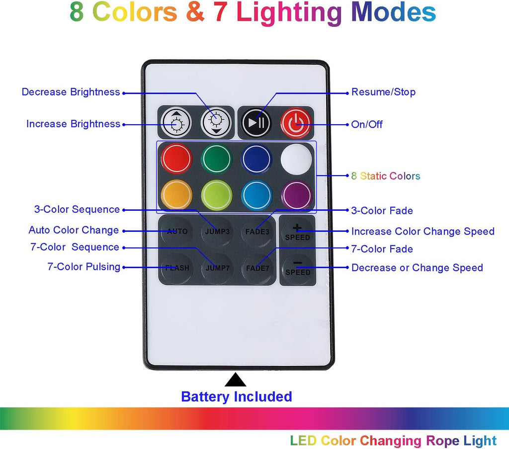 Outdoor 16.4ft RGB Rope Lights, 120V Remote IP65 Decor | 150 LEDs, 8 colors, 6 modes, IR remote, dual-fuse ETL plug; connects up to 65.6ft
