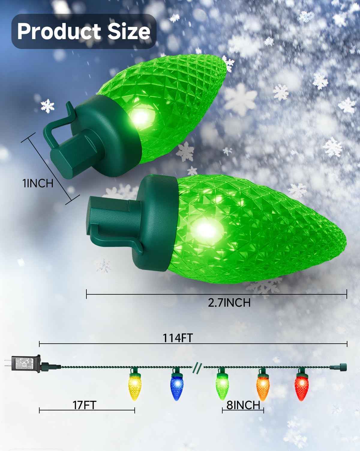 C9 Christmas Lights Outdoor 114ft 150 LED Waterproof String Lights with Timer & 8 Modes, Connectable Commercial Grade Christmas Tree for House Roofline Patio Garden Decor