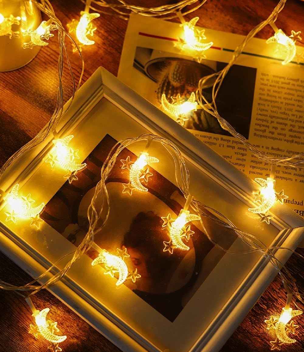 Moon Star String Lights Plug in, 10ft 20 LED Star and Moon Fairy Lights Warm White for Birthday Party Christmas Holiday Home Decoration
