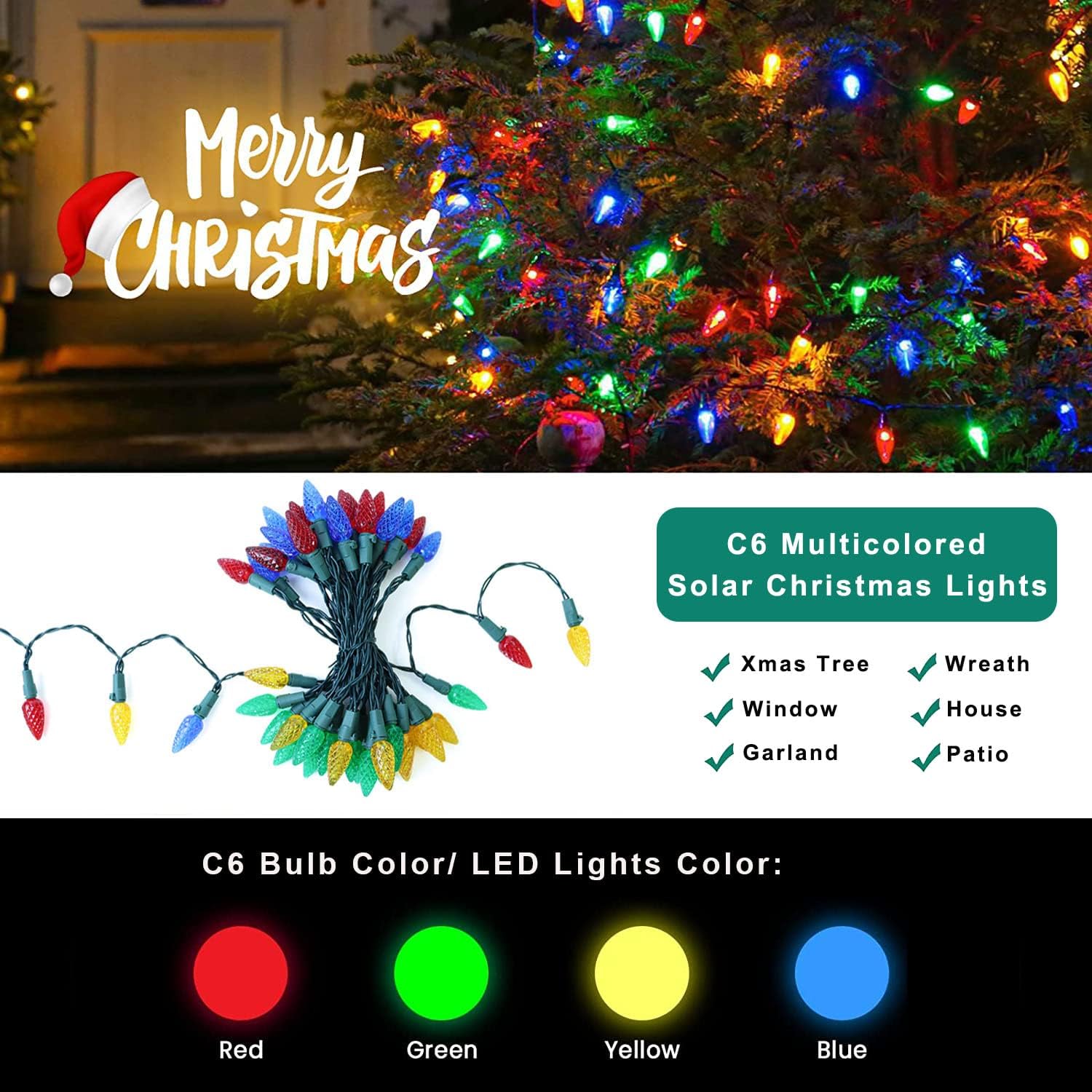 HUGSVIK 39Ft 100 LED Solar Christmas Lights Outdoor, 8 Modes C6 Strawberry Lights, Waterproof Outdoor Christmas String Lights for Xmas Tree, Holiday, Garden, Patio, Arbor Decor