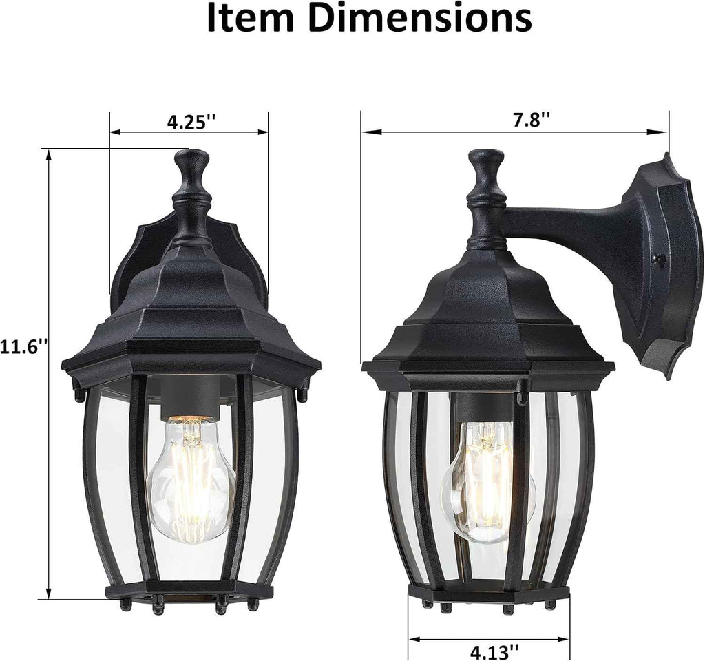 LIT-PaTH Outdoor Wall Light Fixture, Rustproof Aluminum Glass, Black | Large Exterior Porch Light Wall Sconce Lantern for House, Patio, Garage, Waterproof, E26 Socket 60W Max
