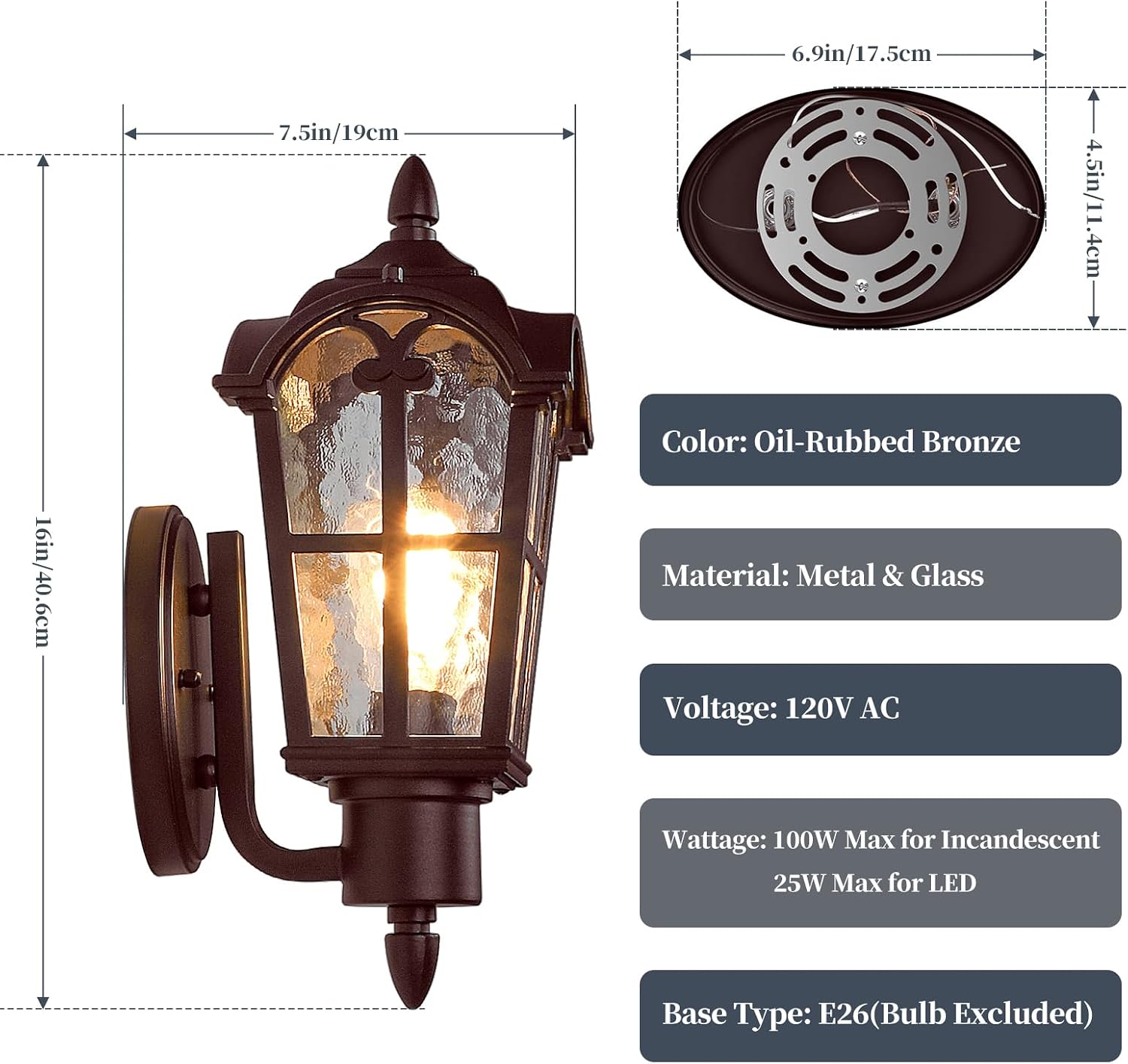 16’’ Large Outdoor Wall Light Fixture, Exterior Wall Lantern Sconce | Waterproof, Rust-resistant, Matte Brown, Water Ripple Glass, Quick & Easy Installation, Retro & Traditional