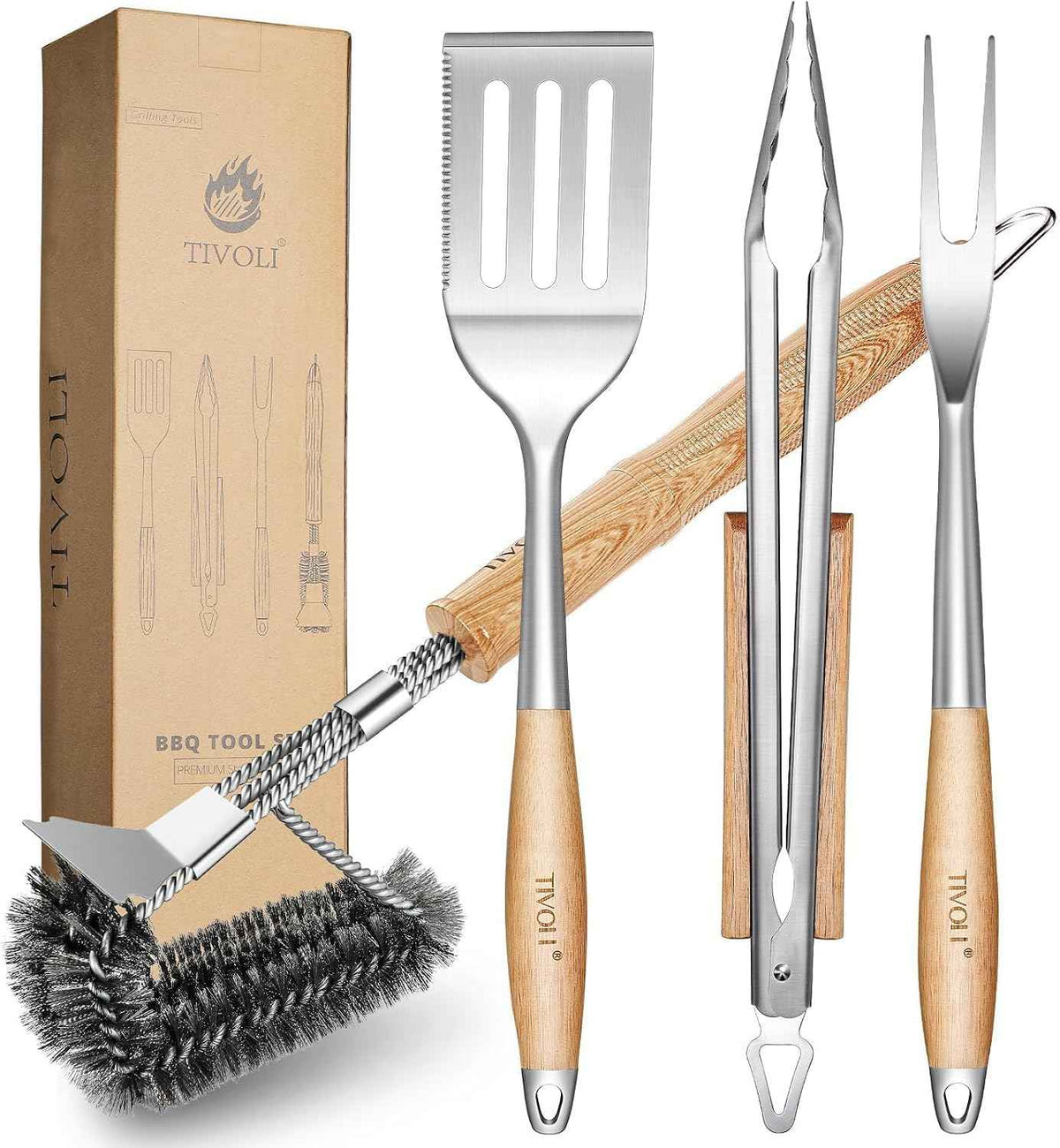 TIVOLI 4PCS Grilling Accessories Set - Heavy Duty BBQ Tool Set | Stainless Steel, Heat-resistant, Spatula, Tongs, Fork, Cleaning Brush, Gift Box, for Outdoor