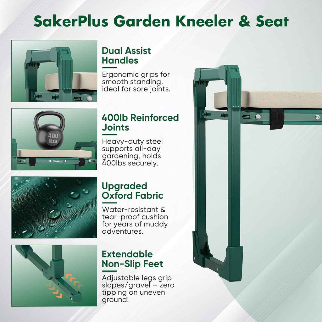 SakerPlus Garden Kneeler and Seat, Heavy Duty Foldable Garden Stool | 10-inch thickened pad, 400 lb support, extendable legs and 8-pocket tool bag for gardening, weeding and seniors