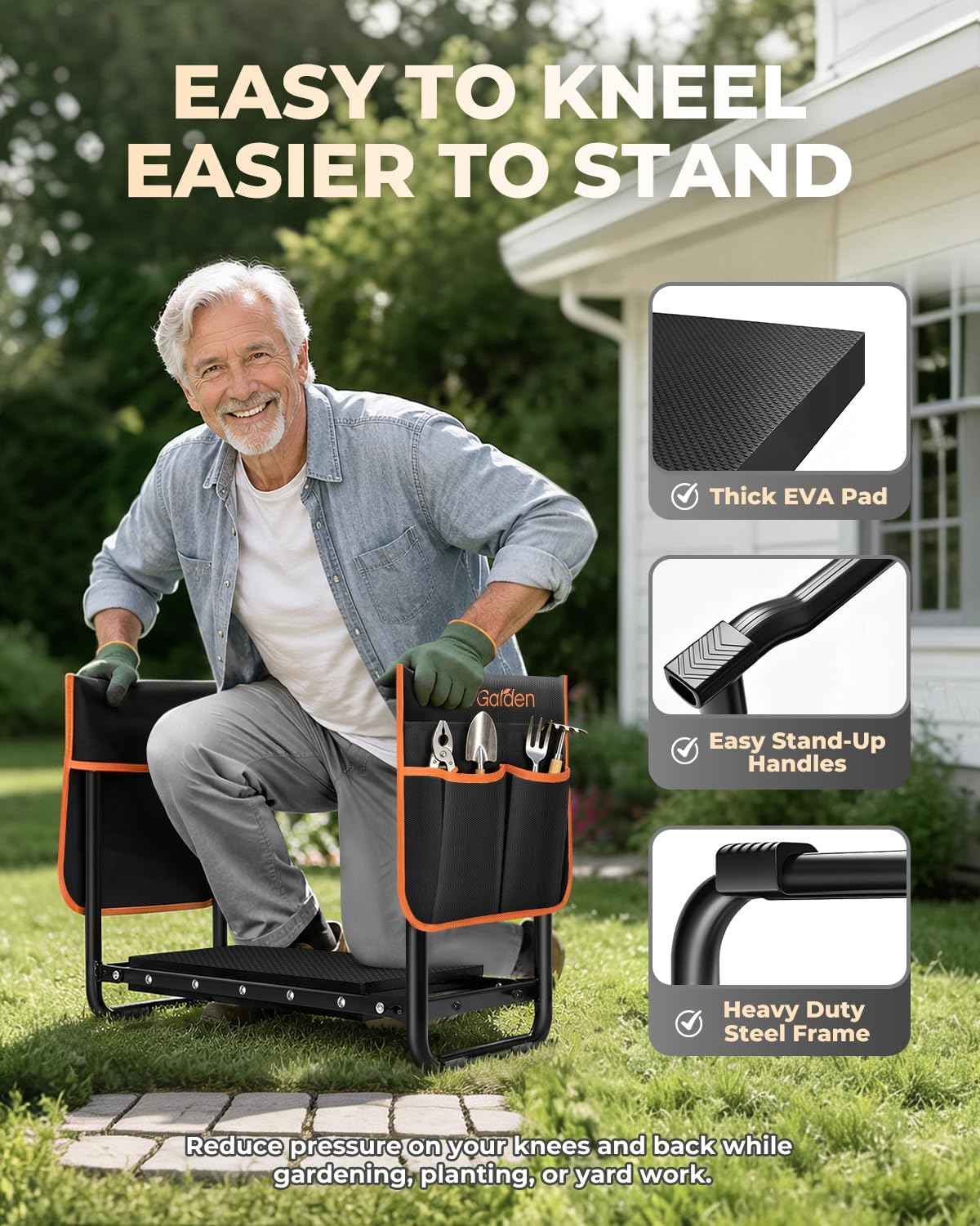 KVR Garden Kneeler and Seat with 2 Tool Pouches, Heavy Duty Foldable Gardening Stool, Portable Bench with Thick EVA Foam for Knee Support, Gifts for Seniors, Black/Orange