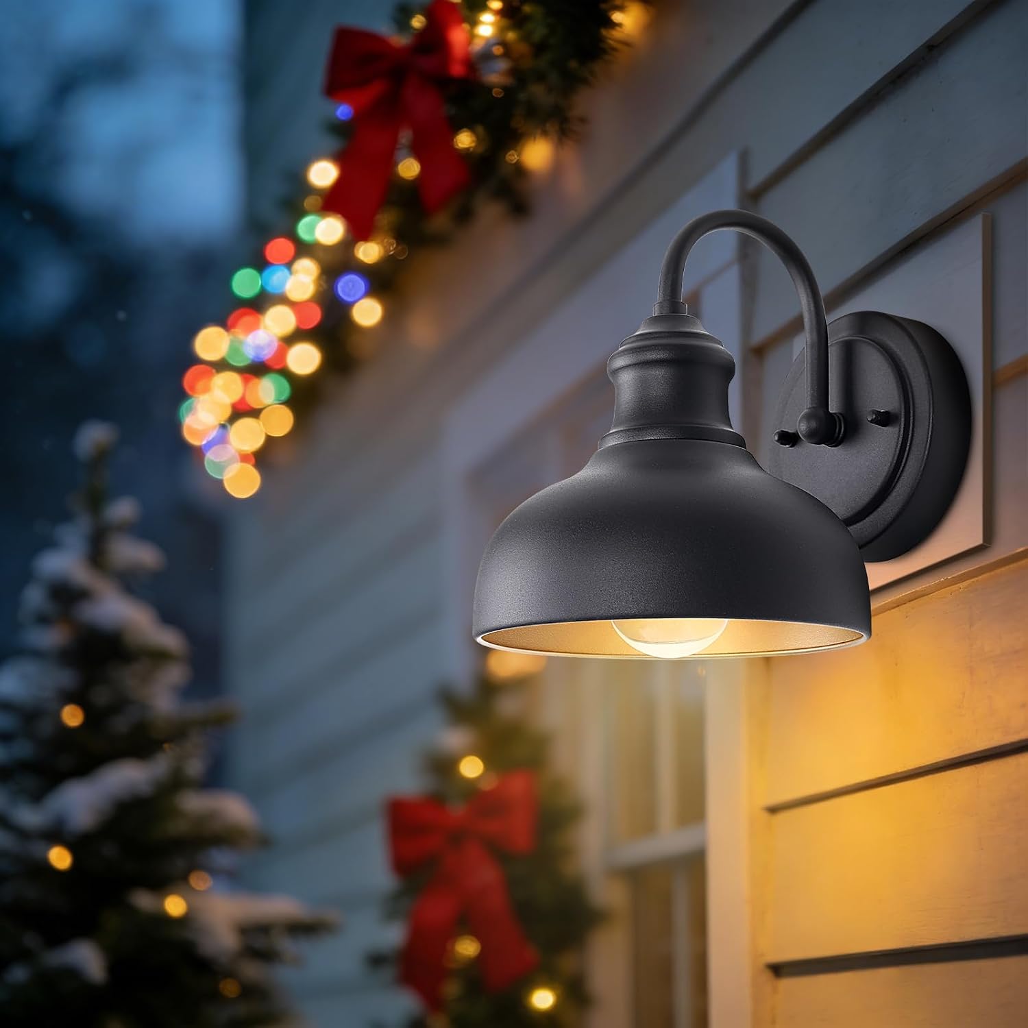 Black Outdoor Gooseneck Lighting for Barn 7 Inch Farmhouse Exterior Light Fixtures with Wall Mount, Small Porch Light with Brass Interior, Outside Gooseneck Wall Sconce for House Garage Patio