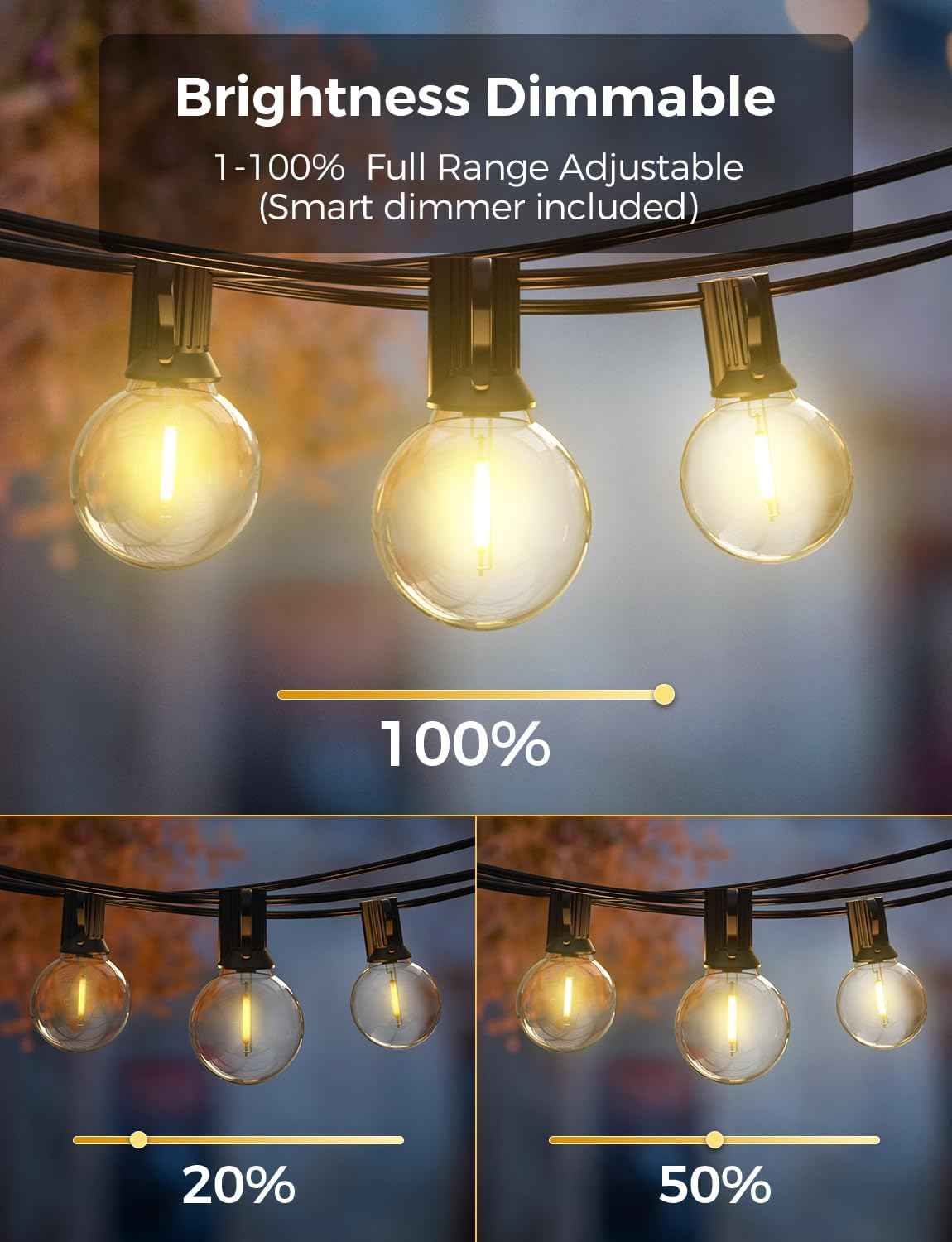 XMCOSY+ Patio Lights, Smart 50Ft Outdoor String Lights with 25 G40 Bulbs | Dimmable LED Globe Bulbs, APP Control, Works with Alexa, IP65 Waterproof, Connectable Design for Outdoor Patio Decor