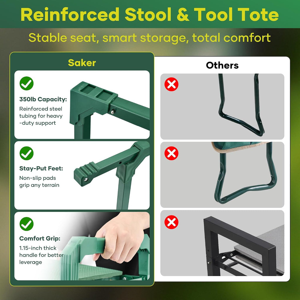 Saker Garden Kneeler and Seat Foldable Gardening Stool with Extendable Legs | Thickened Pad Tool/Storage Bag , Heavy Duty 400lbs Support for Elderly, Gardening, Outdoor Use