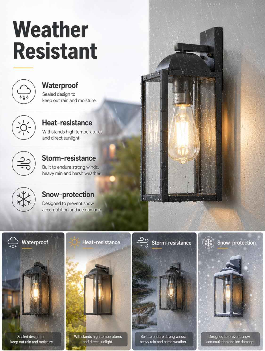 Outdoor Wall Sconce, Waterproof Exterior Lantern, E26 Glass, Black, 1 Pack | Modern matte black exterior fixture with glass shade and E26 socket for porch, patio, entryway, garage, front door, and house