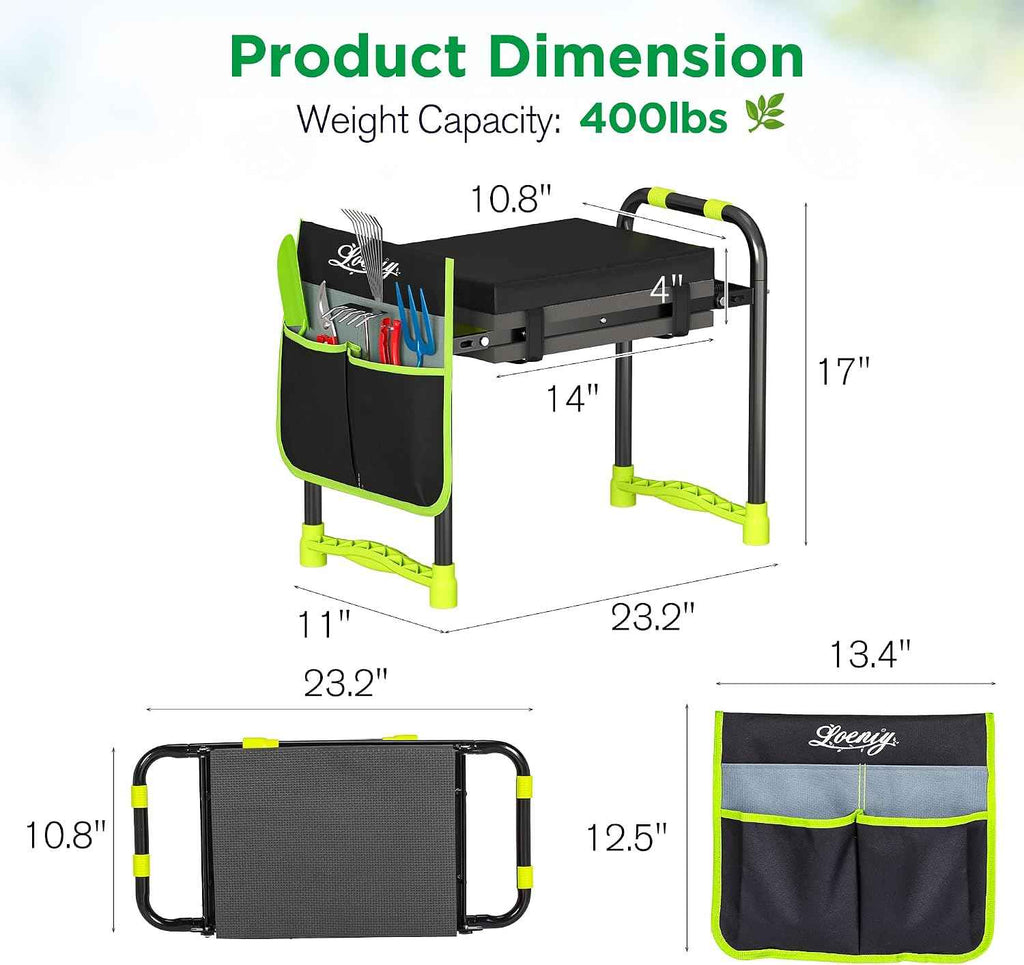10.8” Wide Garden Kneeler and Seat, Heavy Duty Foldable Garden Stool | Included Thickened Kneeling Pad, Portable Gardening Bench Chair for Seniors & Parents with Tool Belt Pouch
