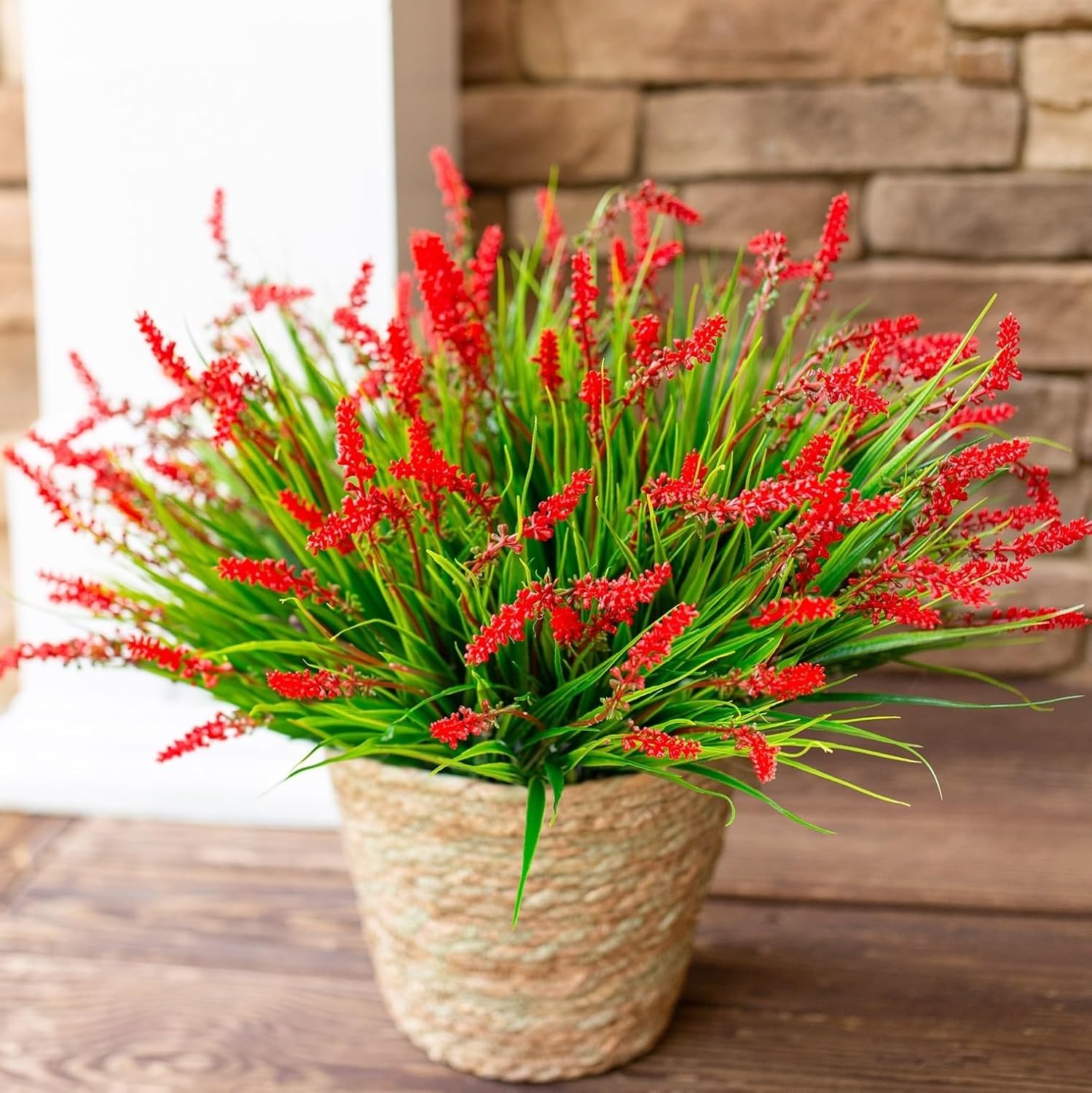 HyeFlora Artificial Fake Flowers Outdoor Plants for Summer Decoration,10 Bundles Faux Plastic Tall Monkey Grass Greenery UV Resistant Realistic Lavender for Home Planter Window Porch Garden-Red