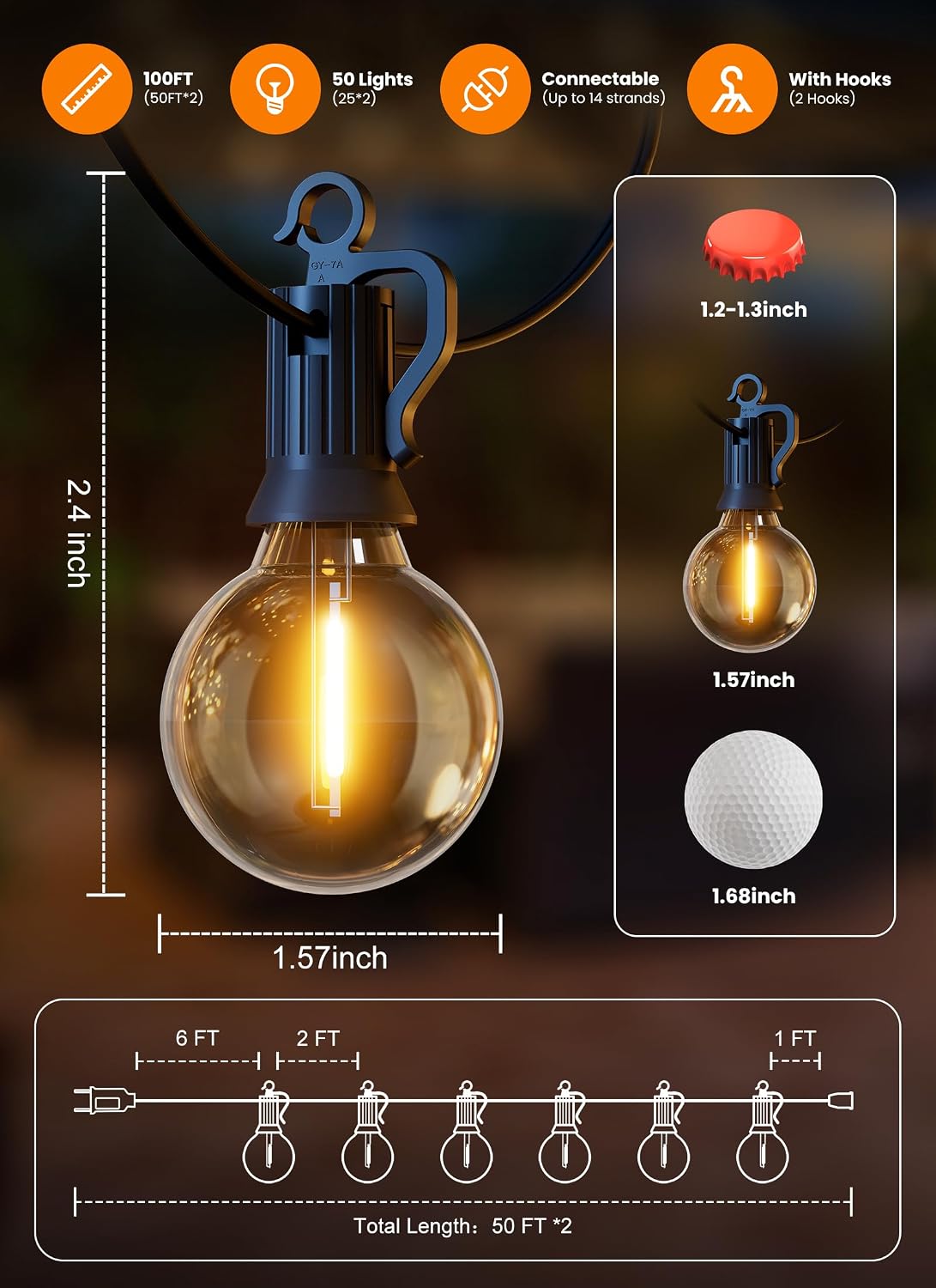 100FT 52 LED Bulbs Outdoor String Lights, IP65 Waterproof String Lights | G40 Shatterproof Connectable Outside Patio Light for Backyard Porch Balcony Garden Decor Christmas Camping Gazebo
