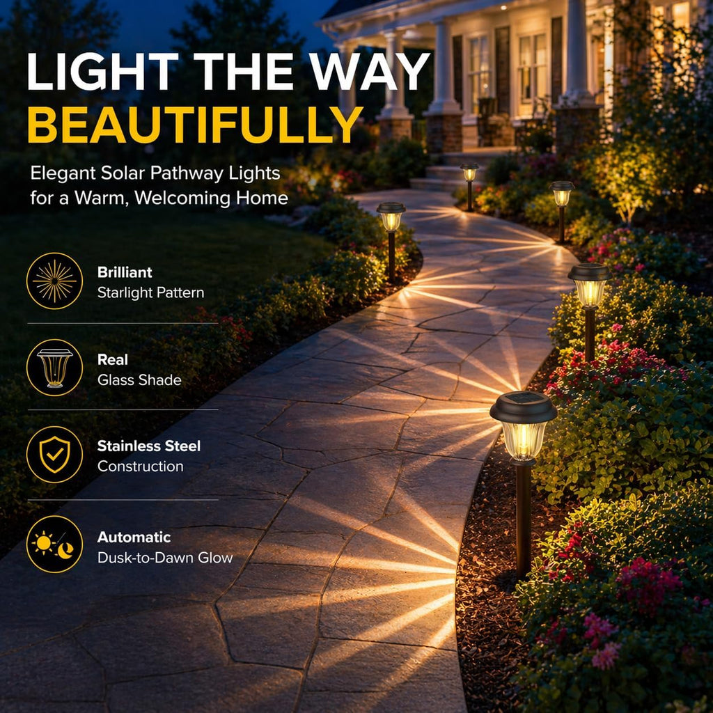 DERAYSION 8 Pack Solar Lights Outdoor, Stainless Steel Glass Solar Pathway Lights, Auto On/Off Long-Lasting Waterproof Garden Lights for Landscape, Path, Yard, Driveway, Walkway Decor (Warm White)