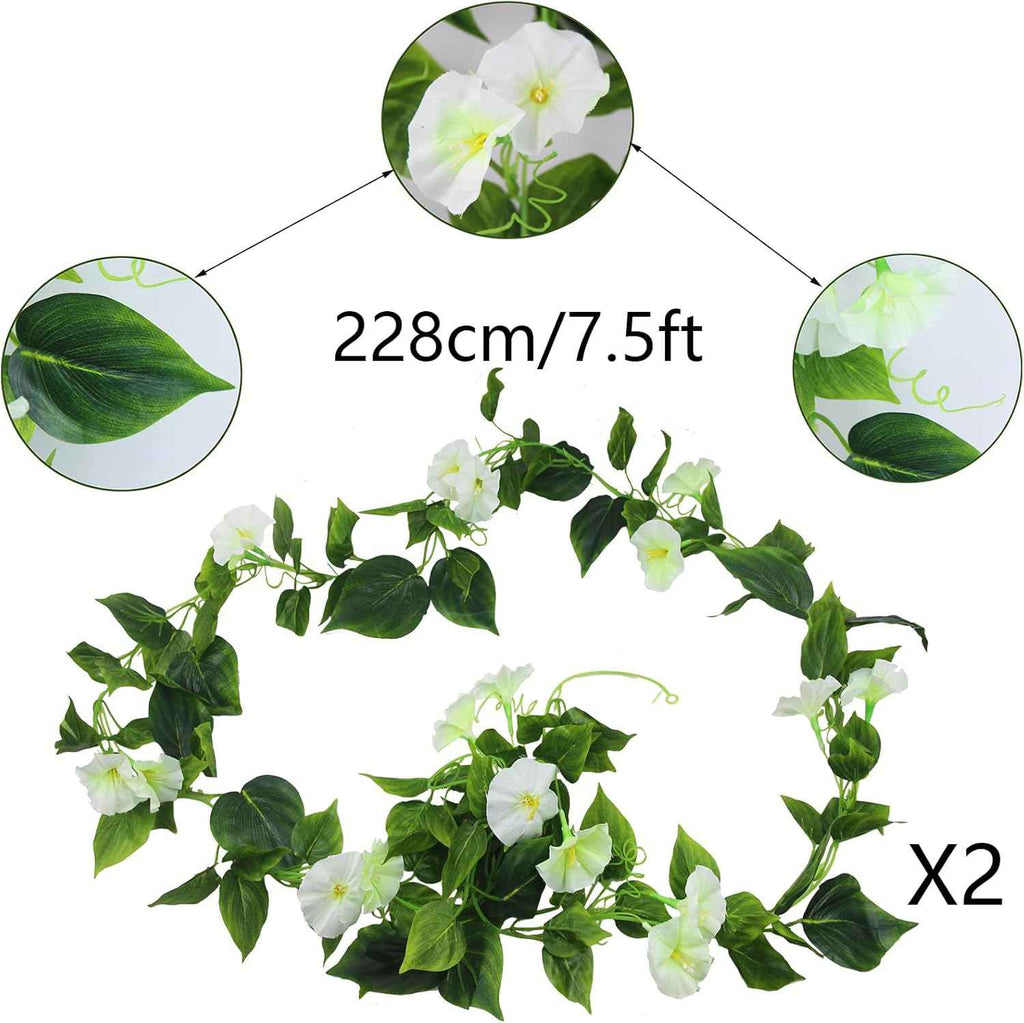 CISDUEO 2 Pcs Artificial Vines Silk Morning Glory Vines for Outdoor 15Feet Hanging Plants Garland White Fake Green Plant Morning Glories for Home Decor Wall Fence Stairway Wedding Hanging Baskets