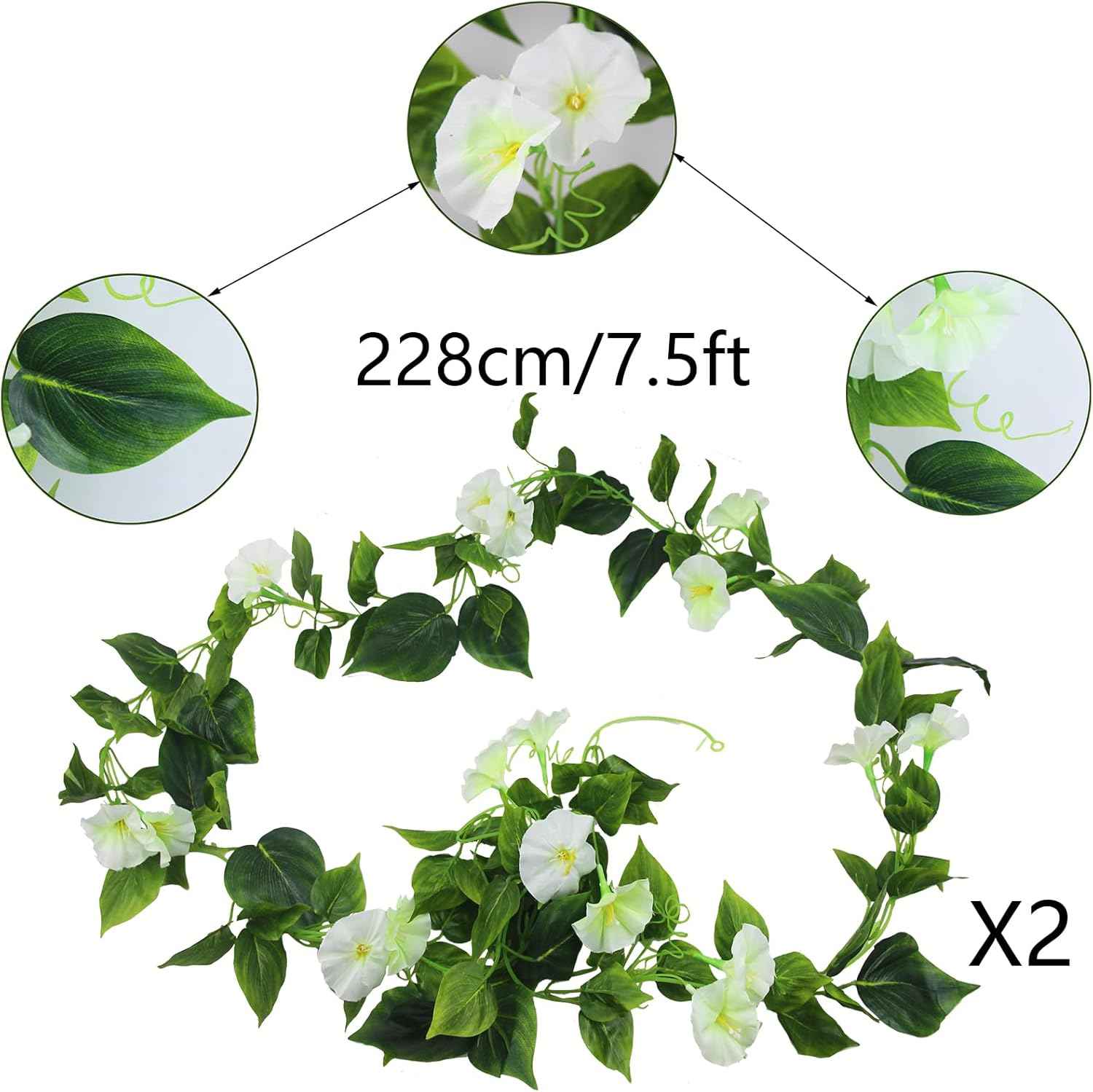 CISDUEO 2 Pcs Artificial Vines Silk Morning Glory Vines for Outdoor 15Feet Hanging Plants Garland White Fake Green Plant Morning Glories for Home Decor Wall Fence Stairway Wedding Hanging Baskets