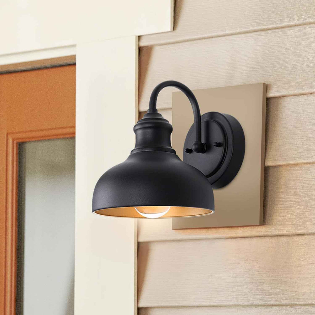 Black Outdoor Gooseneck Lighting for Barn 7 Inch Farmhouse Exterior Light Fixtures with Wall Mount, Small Porch Light with Brass Interior, Outside Gooseneck Wall Sconce for House Garage Patio