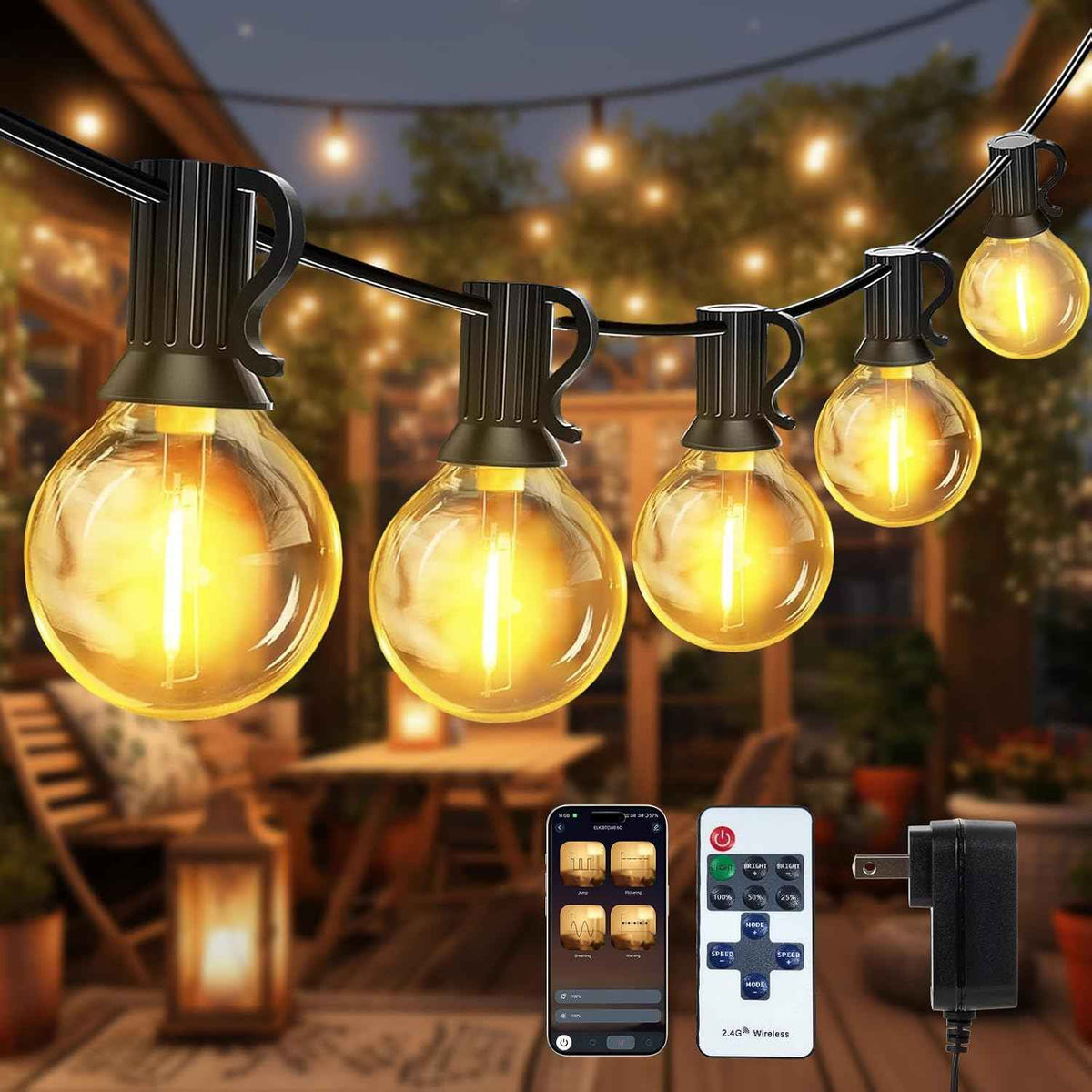 echosari 50FT G40 Dimmable Outdoor String Lights with APP Control for Patio | Patio String lights Outdoor with 22 Shatterproof Bulbs, Waterproof Hanging Balcony Lights for Backyard,Garden, Porch