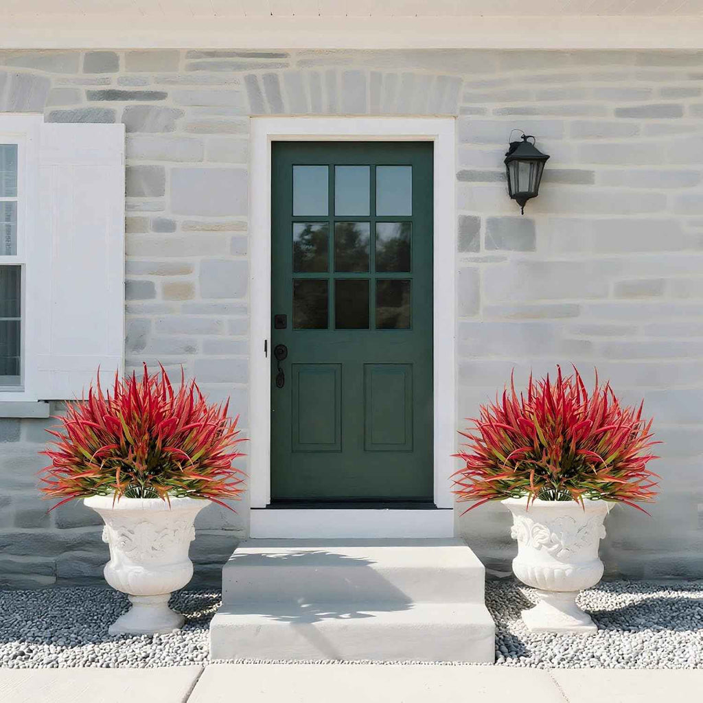 Artificial Outdoor Plants, 16 Bundles UV Resistant Fake Grass, Deep Red Faux Greenery Shrubs for Garden, Porch, Window Box