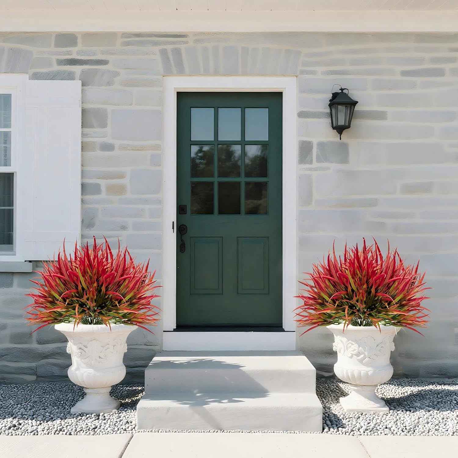 Artificial Outdoor Plants, 16 Bundles UV Resistant Fake Grass, Deep Red Faux Greenery Shrubs for Garden, Porch, Window Box