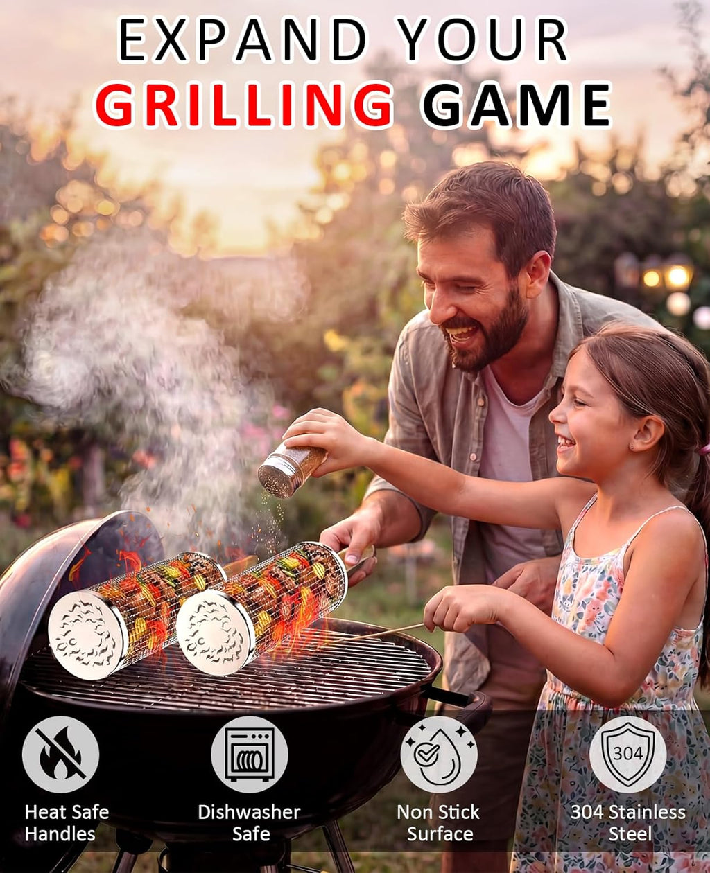 Rolling Grill Basket, Grill Gift for Men, Removable Wooden Handle, 304 Stainless Steel, Nesting BBQ Tools for Vegetable, Outdoor Smoker Camping Accessories, Ideal Gifts for Men Dad Husband Birthday