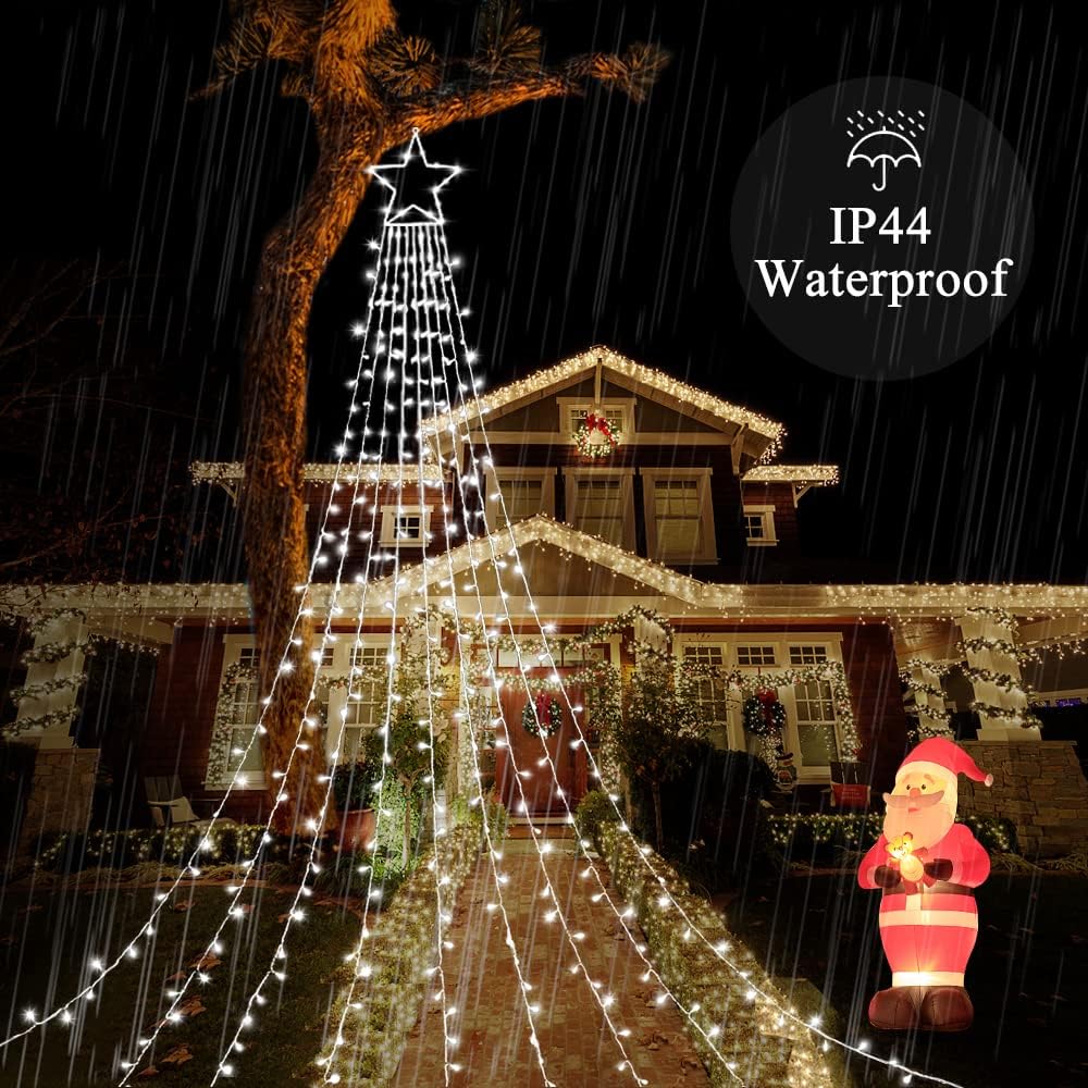 Christmas Decoration Lights, Outdoor Christmas String Lights 320 LED 11.5Ft Waterfall Tree Light with Big Star Topper Waterproof 8 Light Modes for Xmas New Year Holiday Yard Outdoor Indoor Decor