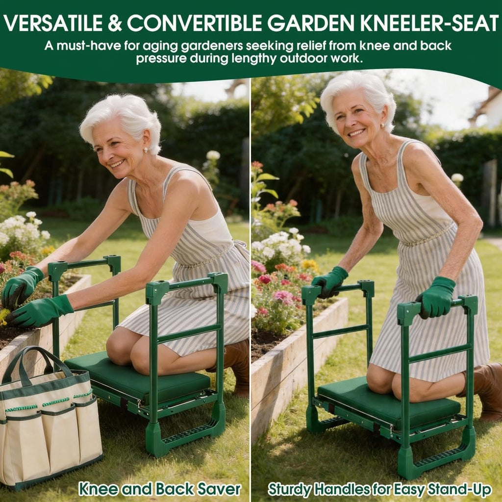 Garden Kneeler and Seat Heavy Duty 600LBS w/ Thicken Wide Soft Kneeling Pad | Foldable Garden Bench Kneeler Anti-Tip Gardening Stool, Tool Pouch Bag|Extendable Legs, Gifts for Seniors Gardeners Women Men