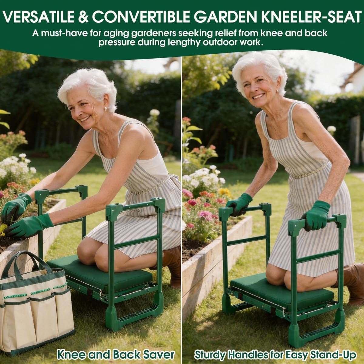 Garden Kneeler and Seat Heavy Duty 600LBS w/ Thicken Wide Soft Kneeling Pad | Foldable Garden Bench Kneeler Anti-Tip Gardening Stool, Tool Pouch Bag|Extendable Legs, Gifts for Seniors Gardeners Women Men