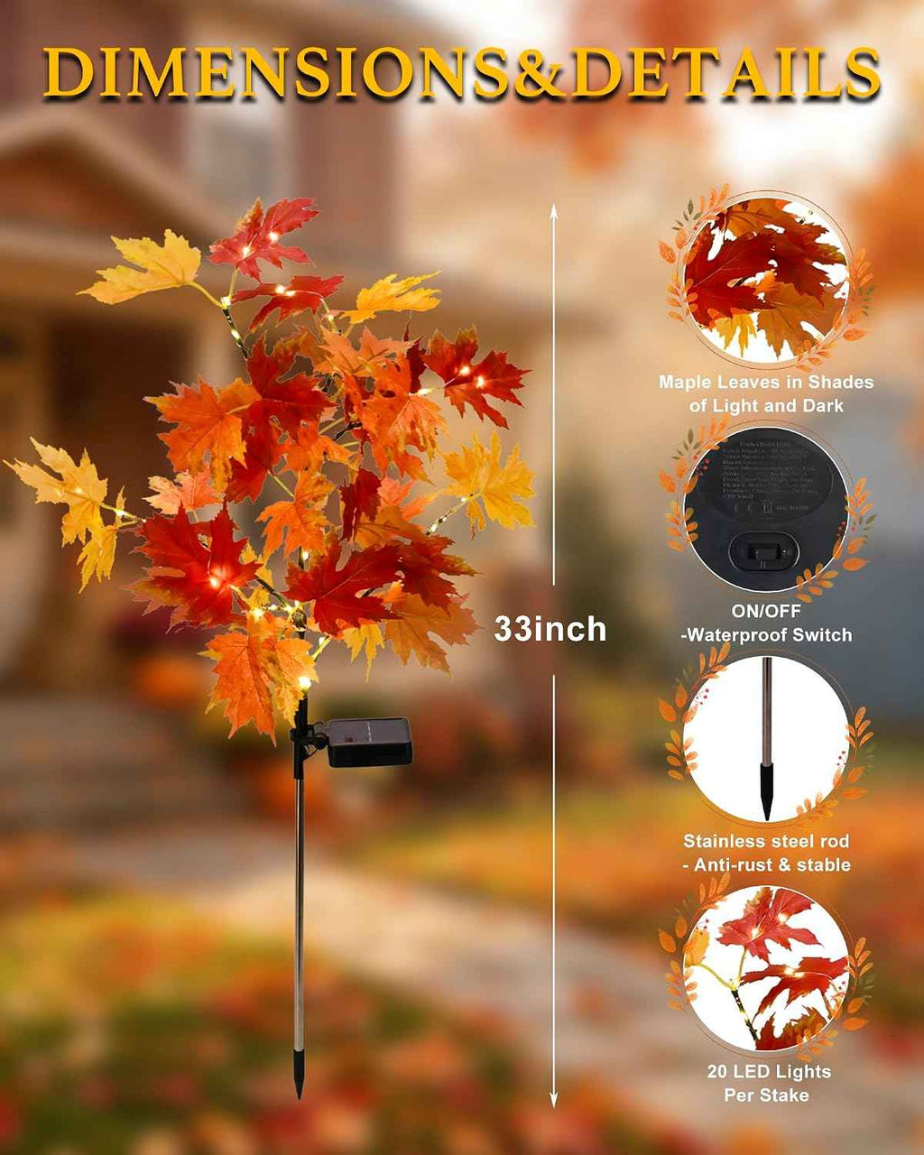 4 Pack Fall Solar Lights,Maple Leaf Solar Stake Lights Outdoor Decorations | 276 LED Fall Solar Lights Outdoor Decorative IP65 Waterproof for Yard,Patios,Pathway,Garden,Harvest,Halloween,Thanksgiving