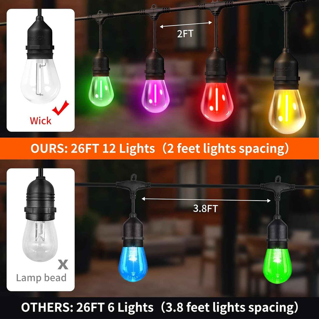 26FT Outdoor String Lights, Outdoor Lights for Patio,with 12+2 LED RGBW Color Change,3000K Bright White Waterproof Bulbs, Dimmer & Remote, Customized 12 Colors & 4 Modes, for Backyard Decor
