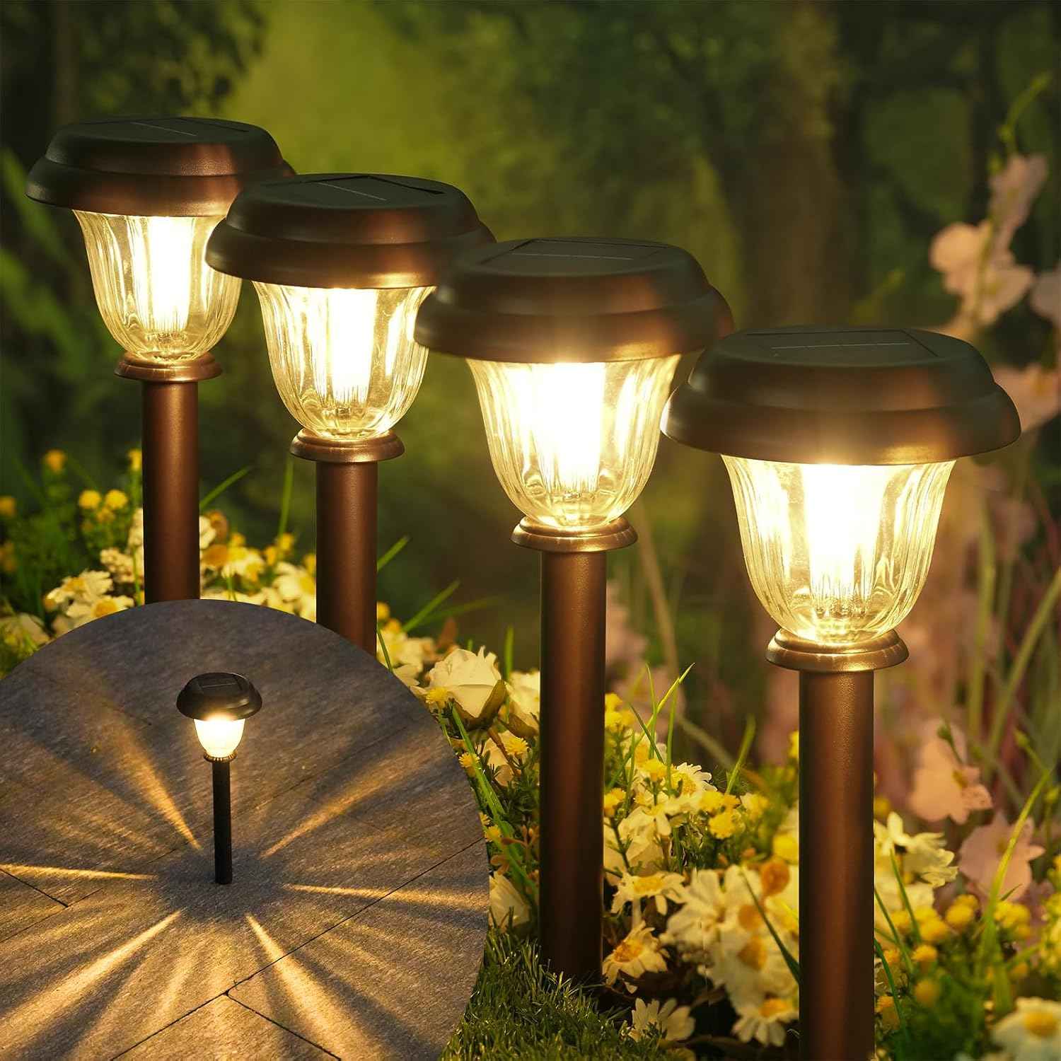 DERAYSION Solar Pathway Lights Outdoor Metal Glass Solar Lights Outdoor | Waterproof Garden Lights 1000mAh Long-Lasting Dusk to Dawn Bright Outdoor Solar Lights for Yard Landscape Path Walkway