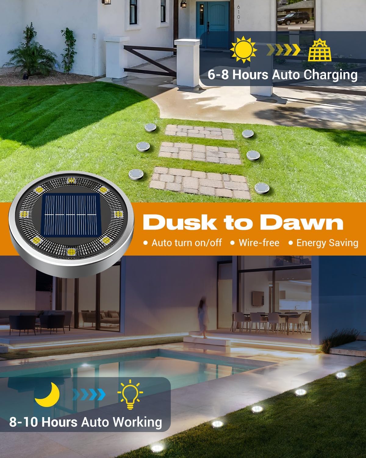 btfarm 16 Pack Solar Lights Outdoor Waterproof, 8 LED Solar Ground Lights | Stainless Steel, Easy-to-Install Flat Solar Disc Lights, Pathway Lights for Garden Lawn Patio Yard Path Landscape, Cool White