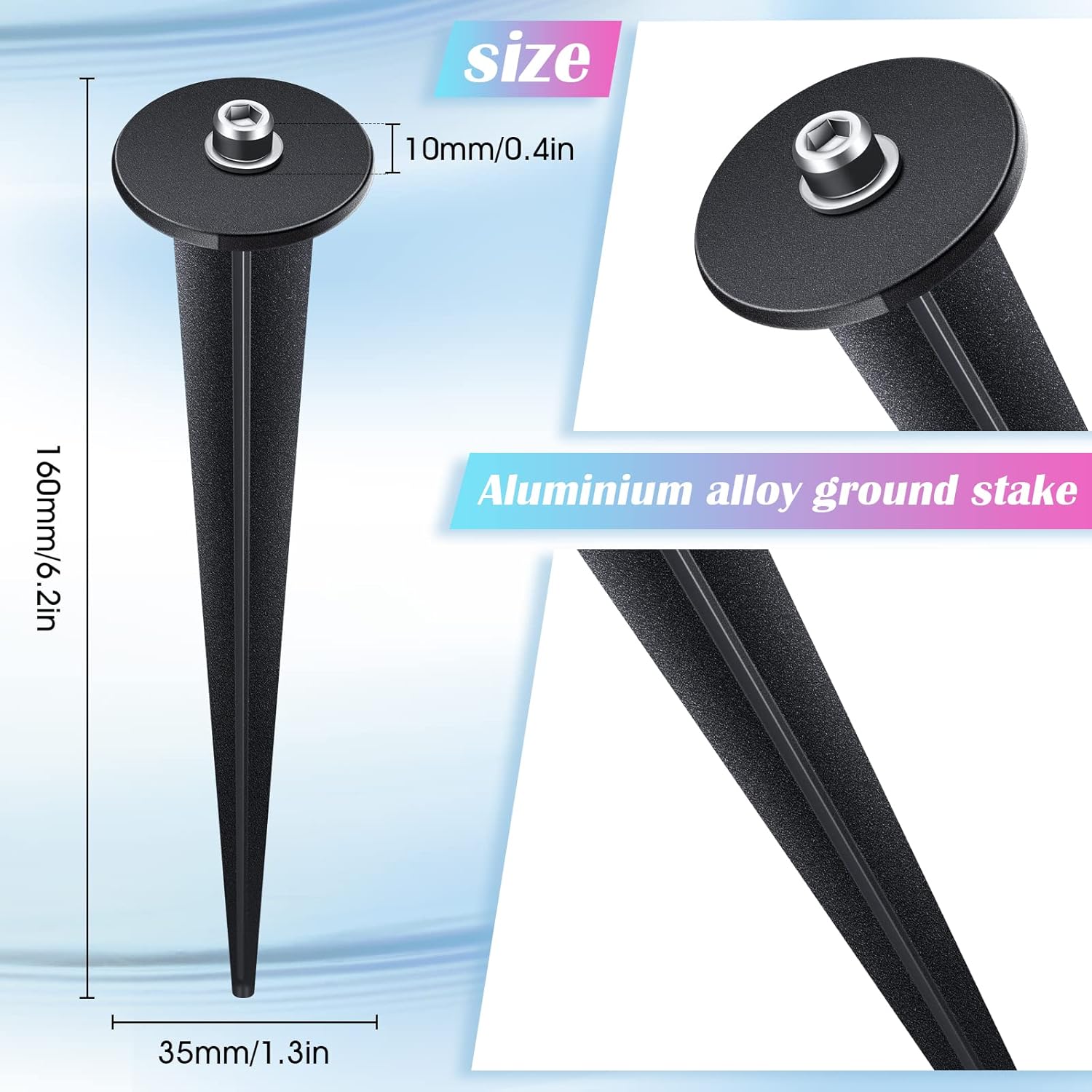 Zhengmy 16 Pack Metal Ground Stakes for Flood Light Solar Lights LED,Black | Threaded Spike with 16 Hex Screws, 6.3 Inch Replacement for Landscape Path Yard Lawn Gardens, Durable Metal Outdoor