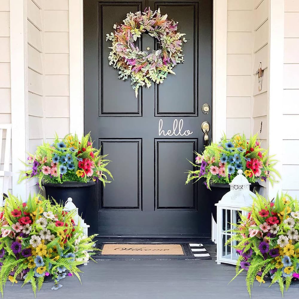 ZEOSTARO Artificial Outdoor Plants 12 Bundles Fake Boston Fern with Eucalyptus Flowers Faux UV Resistant Greenery Garden Window Box Porch Farmhouse Hanging Decor(Mix Flowers&Fern)