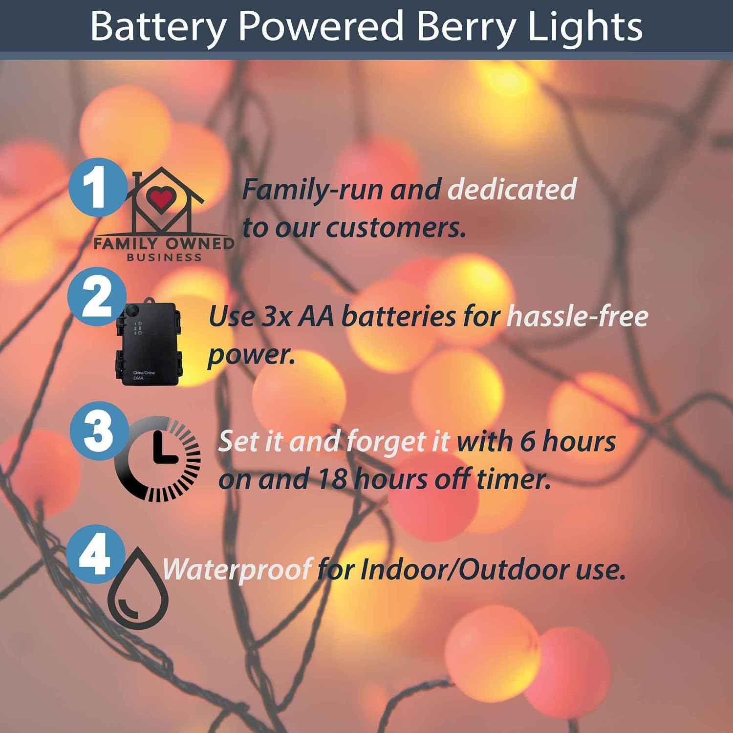 QBIS Battery Powered Halloween Lights, 40 Berry Lights, Orange Yellow Red | 40 Battery Operated Cluster String Light, Fall Decor, Thin Black Wire, 6.5ft, Timer, Indoor Outdoor for Window, Fireplace