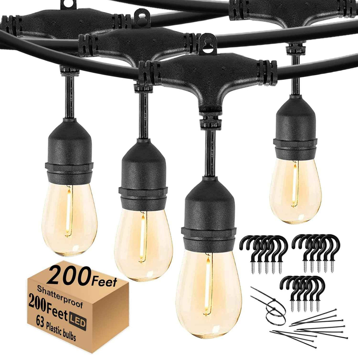 200FT String Lights for Outside LED Patio Lights Outdoor Waterproof | 63 Shatterproof Led Edison Lights,2200K Warm White Bistro Lights,Outdoor String Lights for Backyard Patio Gazebo Pergola Café