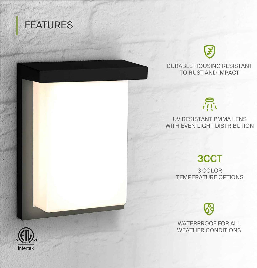 ASD LED 8" Outdoor Wall Light, Front Door House Sconce | 3CCT, Dimmable, Waterproof, ETL Listed | 12W 900LM 3000-5000K 120V | Exterior Patio Lighting Fixture, Flush Mount Porch Lamp | Black