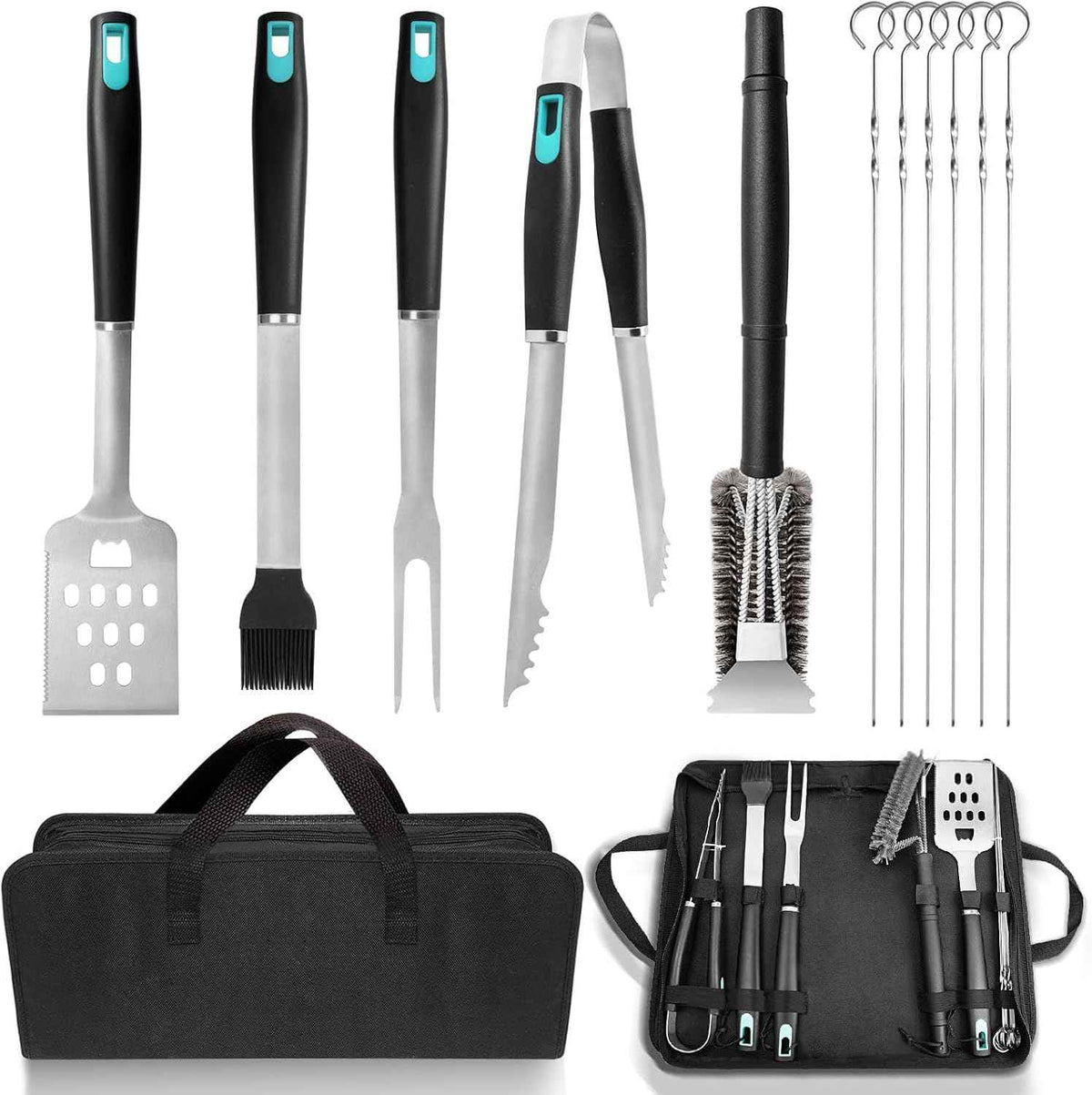 5-Piece Grill Tools Set, Heavy Duty BBQ Utensils with Extra Tough Wire Brush, Spatula, Tongs, Fork & Basting Brush – Outdoor Grilling Accessories & Gifts for Men Dad (Camping, Backyard)