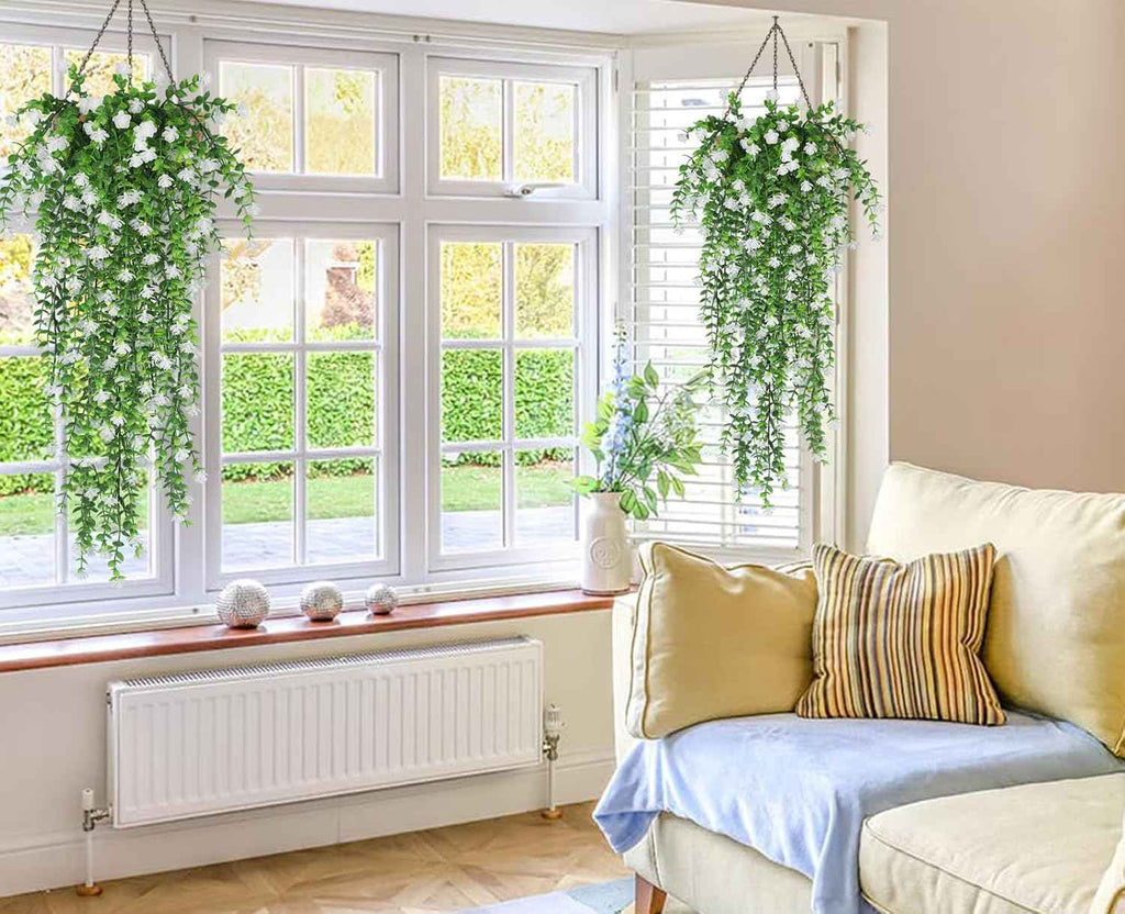 RECUTMS Artificial Hanging Plants Fake Hanging Vines Outdoor Faux Draping | Faux Eucalyptus Leaf Greenery Vine Outdoor UV Resistant Plastic White Flowers Home Garden Wedding Party Indoor Decoration,3Pc
