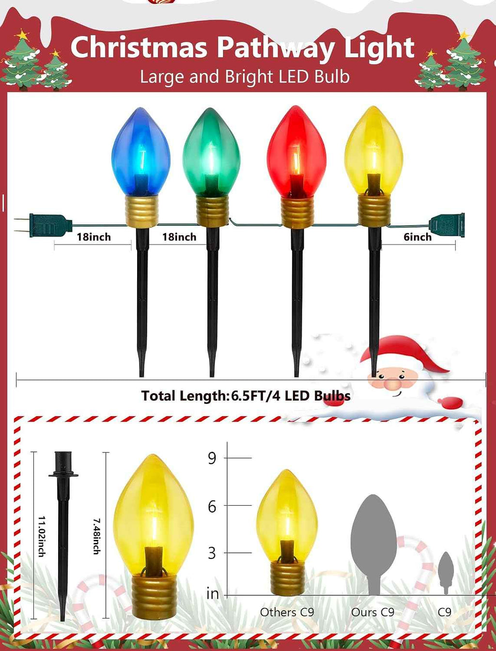 C9 Jumbo Christmas Pathway Lights Outdoor, 6.5Ft Christmas Decorations with 4 7.5'' LED Giant Multicolor Walkway Lights Bulb Waterproof, Vintage Xmas String Light for Lawn Holiday Outside Yard Garden