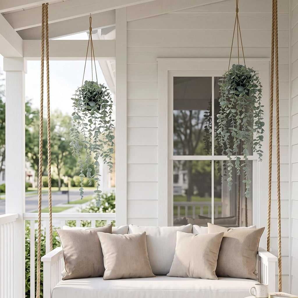 COCOBOO 1pcs Artificial Hanging Plants, Fake Potted Eucalyptus Faux Hanging Plant for Wall Room Home Indoor Outdoor Shelf Decor